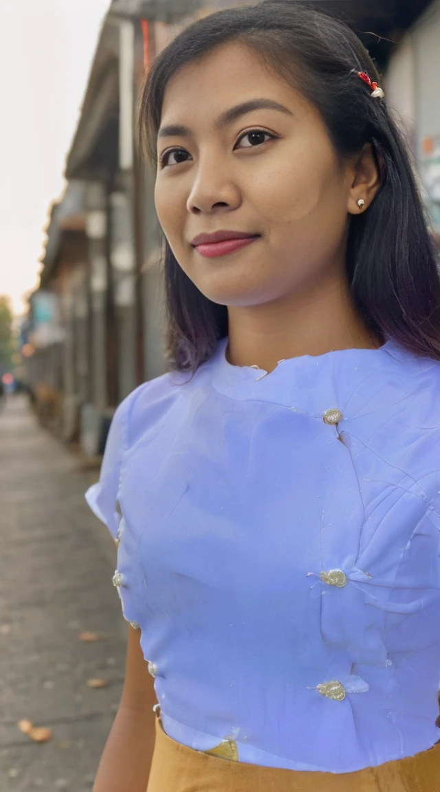 Photo of a Myanmar girl,16 yo, (portrait shot), (half body postrait:1.4), 32K, (Best quality,A high resolution:1.2), Ultra-detailed,(Realistic:1.37) RAW uhd portrait photo of super slimfit short bob hair, (wearing myanmar longyi skirt-like garment), (extra super hot sexy cleavage), detailed (textures!, hair!, shine, color!!, imperfections:1.1), highly detailed glossy eyes, (looking at the camera), specular lighting, original photo by Hasselblad X2D 100C,(extremely detailed CG unity 32k wallpaper), photo of the most beautiful artwork in the world, Hight school girl,street,High Detail, cold light 12000k\\street, detailed realistic, skin texture, super detailed, realistic skin texture ,Sharp focus, rewarded photography, Cinematic Light, dslr, ultra quality, sharp focus, tack sharp, dof, film grain, (centered), Fujifilm XT3, crystal clear, center of frame, cute face, sharp focus, detailed skin pores, intricate eye detail