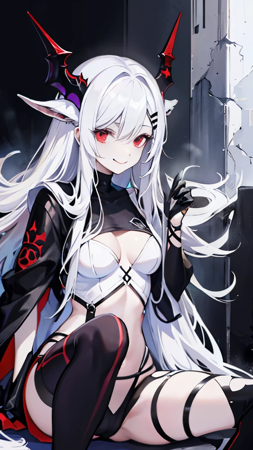 pale skin,dark风,wearing leg rings,long white hair,black eye shadow,red eyes,Abstinence,dark,goat horn,sickle,grim Reaper,sitting,succubus,Open the legs,Smile,Sticking out tongue,Battle damage,Broken clothes,camel toe
,puppy