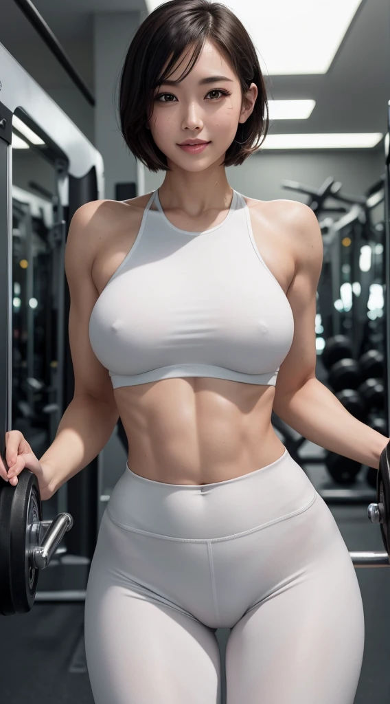 Masterpiece, Photorealistic, Distinct_images, 4k resolution, high_quality, Super_Detail, Glamorous, female, perfect_Body, perfect_face, 11_ligne_abs, white_skin, thick_thighs, perfect_Waifu, NVIDIA RTX, Short_hair, Smile, large breasts, huge_ass, Sports_bra, tight_Leggings, ((Sweaty)), weight_training, gym