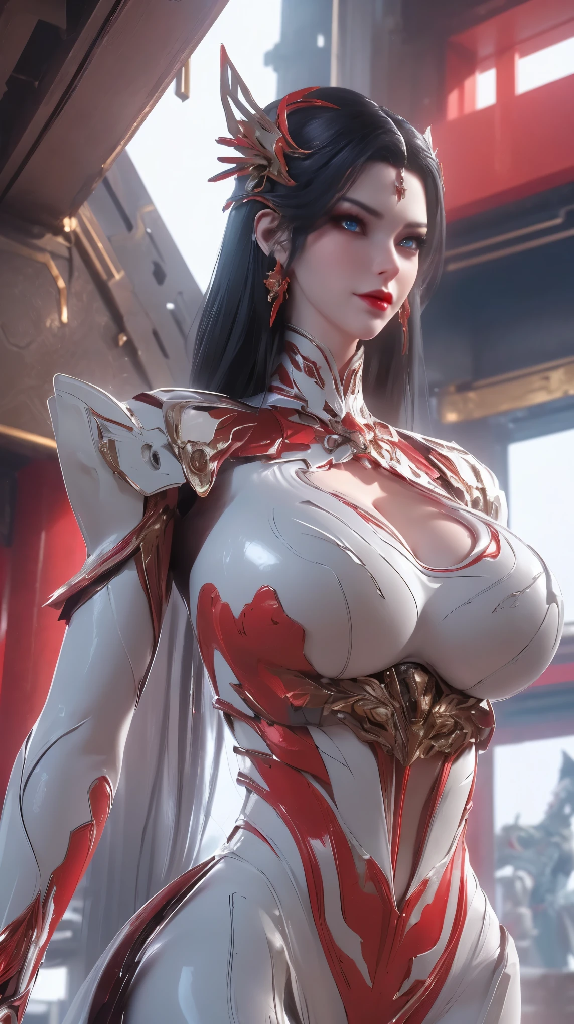 UPPER BODY,CLOSE UP HALF BODY,SOLO,(BEAUTY BLACK HAIRSTYLE,MECHA PHOENIX HELMET), (GIGANTIC FAKE BREASTS,CLEAVAGE,MUSCLE ABS:1.5), ((WEAR RED,WHITE MODERN FUTURISTIC MECHA SKINTIGHT BODYSUIT:1.5)),(NSFW SLENDER BODY MATURE WOMAN:1.5), (SWEATY GLOSSY BODY:1.5), (LOOKING AT VIEWER:1.3),(HALLROOM OF FUTURISTIC SPACE STATION:1), (PHOTOREALSITIC:1.4), (ULTRA-DETAILLIERT), (TOP-QUALITY), (BEST SHADOWS), (MASTERPIECE), BRIGHT LIGHT IN ROOM, HYPER TEXTURE, (4X MSAA), ((UNREAL ENGINE 5 RENDER)), PHYSICALLY-BASED RENDERING, ULTRA HIGHT DEFINITION, 16K, 1080P.
