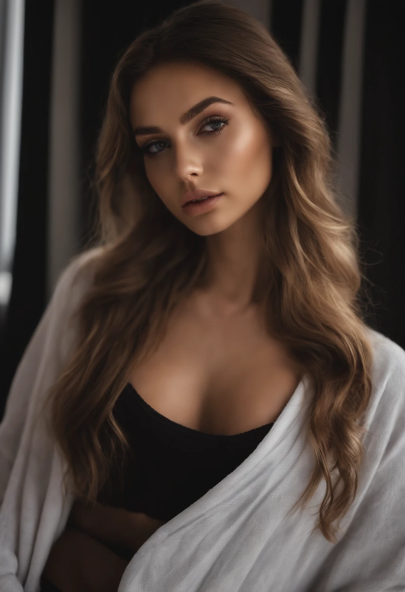 Arafed woman with black clothes, fille sexy aux yeux bruns, Portrait Sophie Mudd, cheveux bruns et grands yeux, selfie of a young woman, Yeux de chambre, Violet Myers, sans maquillage, maquillage naturel, looking straight at camera, Visage avec Artgram, Maquillage subtil, Superbe photo du corps entier, dans la chambre, clivage