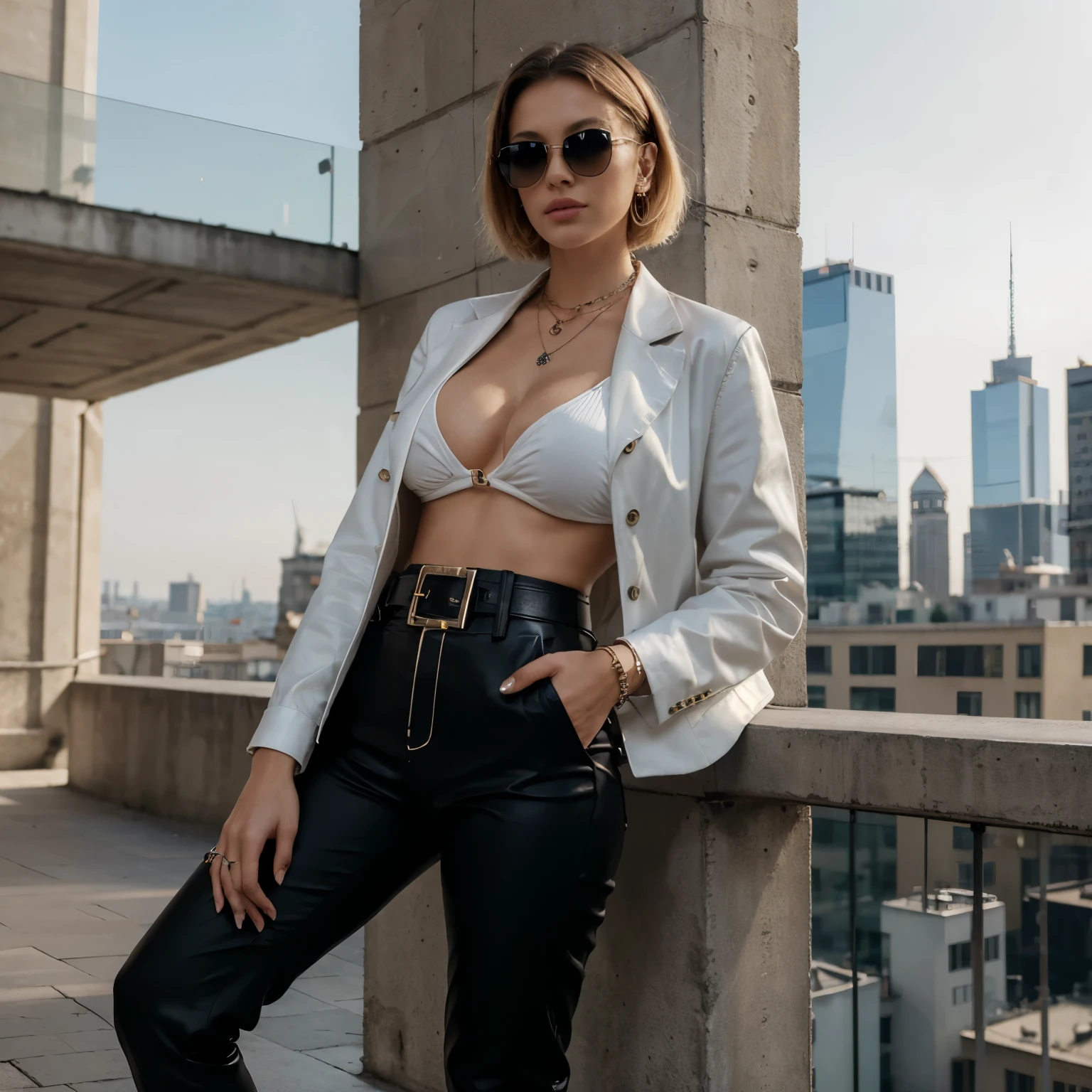(Best quality, 8k, 32k, Masterpiece, UHD:1.2), Photo of cute tall Italian woman, blond woman, sexy, big breasts, very short hair, high heels, solo, looking at viewer, jewelry, necklace, lips, realistic, nose, flirting with camera, neckline, Stylish black fitted jacket, White shirt with buttons , Tight black high-waisted pants , Fashionable black ankle boots , Complement the look with a belt with an expressive buckle and a minimalist silver chain, Classic black sunglasses, Background - Milan cityscape with tall buildings and interesting architecture. Стоит спиной.