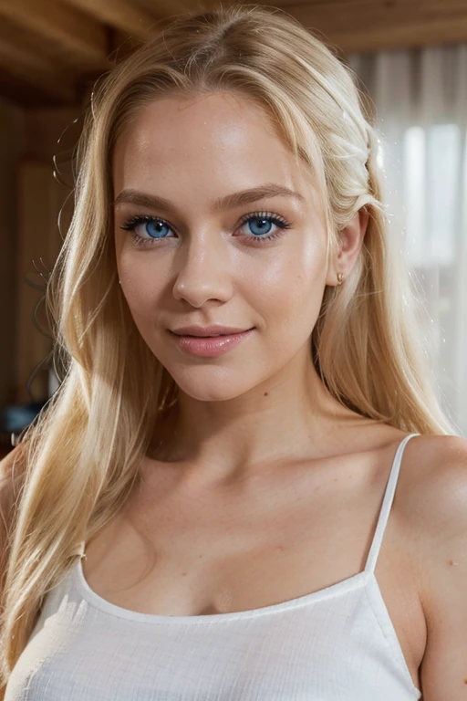 29 year old glamour model, detailed blue eyes (wearing white top), eyelashes, forehead, long hair, blonde hair, looking at viewer, smile, high details, high resolution, detailed skin, realistic, photorealism, 4k, real life, detailed body