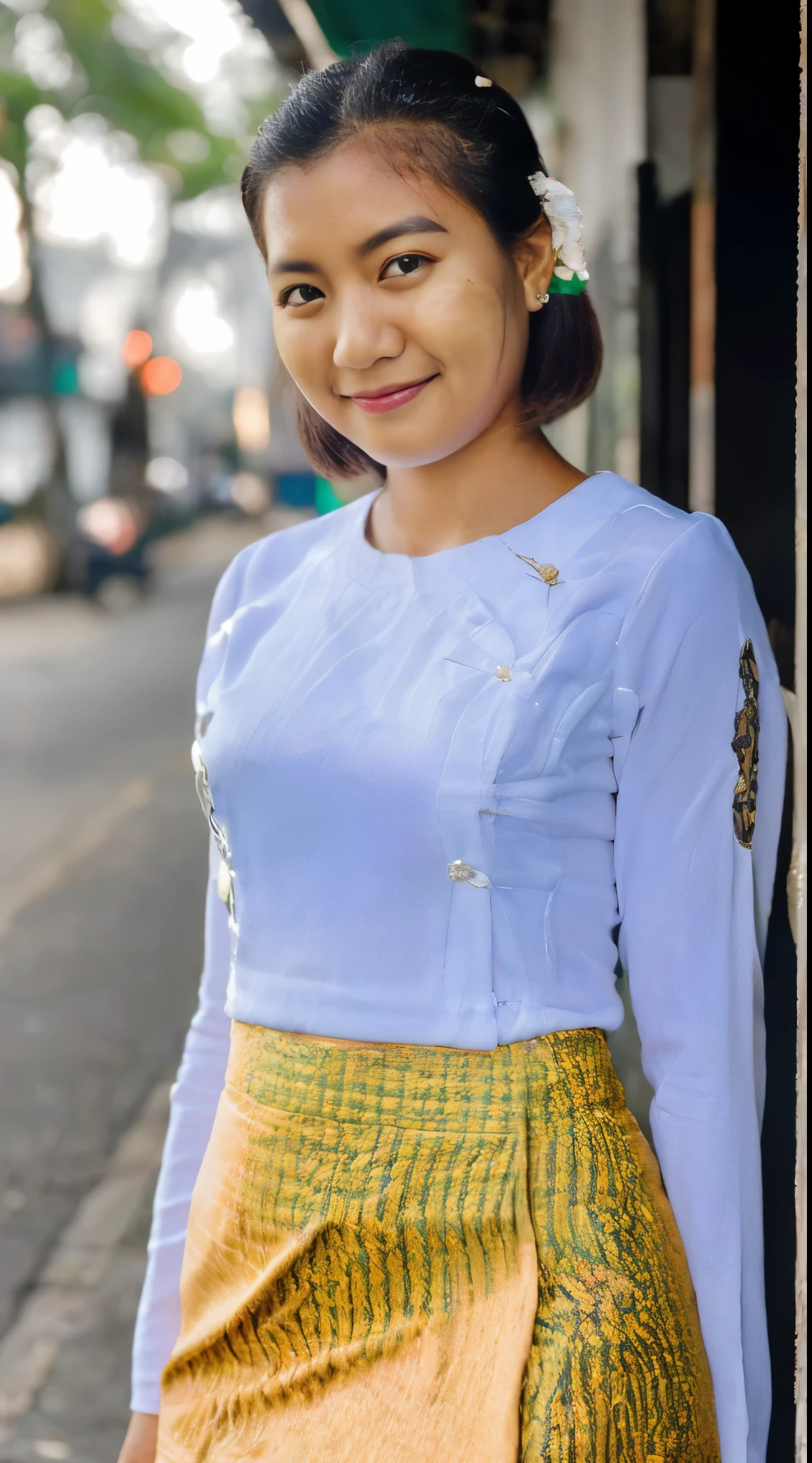 Photo of a Myanmar girl,16 yo, (portrait shot), (half body postrait:1.4), 32K, (Best quality,A high resolution:1.2), Ultra-detailed,(Realistic:1.37) RAW uhd portrait photo of super slimfit short bob hair, (wearing myanmar longyi skirt-like garment), (extra super hot sexy cleavage), detailed (textures!, hair!, shine, color!!, imperfections:1.1), highly detailed glossy eyes, (looking at the camera), specular lighting, original photo by Hasselblad X2D 100C,(extremely detailed CG unity 32k wallpaper), photo of the most beautiful artwork in the world, Hight school girl,street,High Detail, cold light 12000k\\street, detailed realistic, skin texture, super detailed, realistic skin texture ,Sharp focus, rewarded photography, Cinematic Light, dslr, ultra quality, sharp focus, tack sharp, dof, film grain, (centered), Fujifilm XT3, crystal clear, center of frame, cute face, sharp focus, detailed skin pores, intricate eye detail