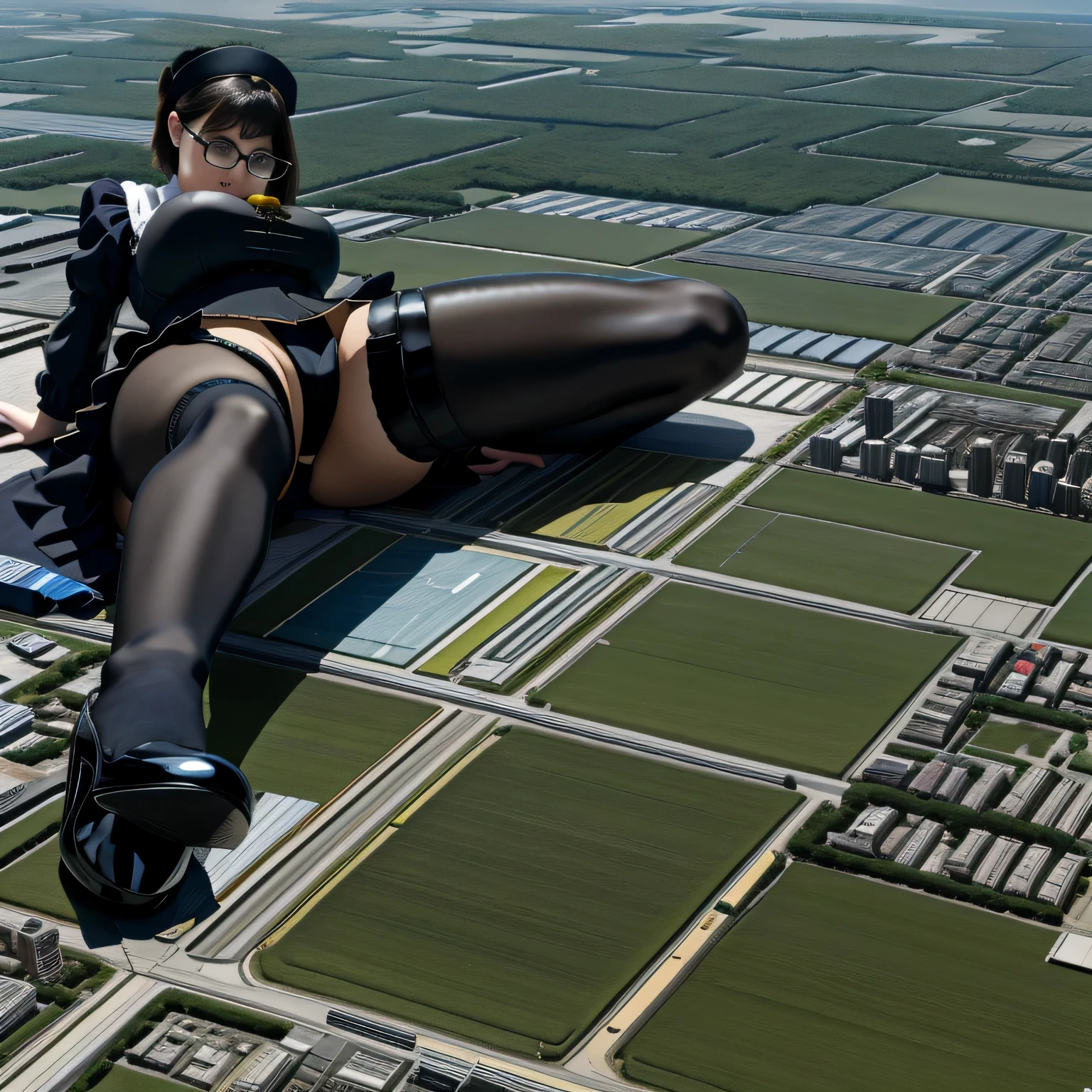 multiple girls, Giantの芸術, 非常に詳細なGiantショット, Giant, short hair, black pantyhose, A maid that is much bigger than a skyscraper, wearing rimless glasses, big breasts, big ass, navy maid uniform, black pantyhose, black shoes, very small metropolis, miniature metropolis, full body description, ＧＴＳ, ギガGiant, Stomping City, crash city, Small town, micro city, maid, 