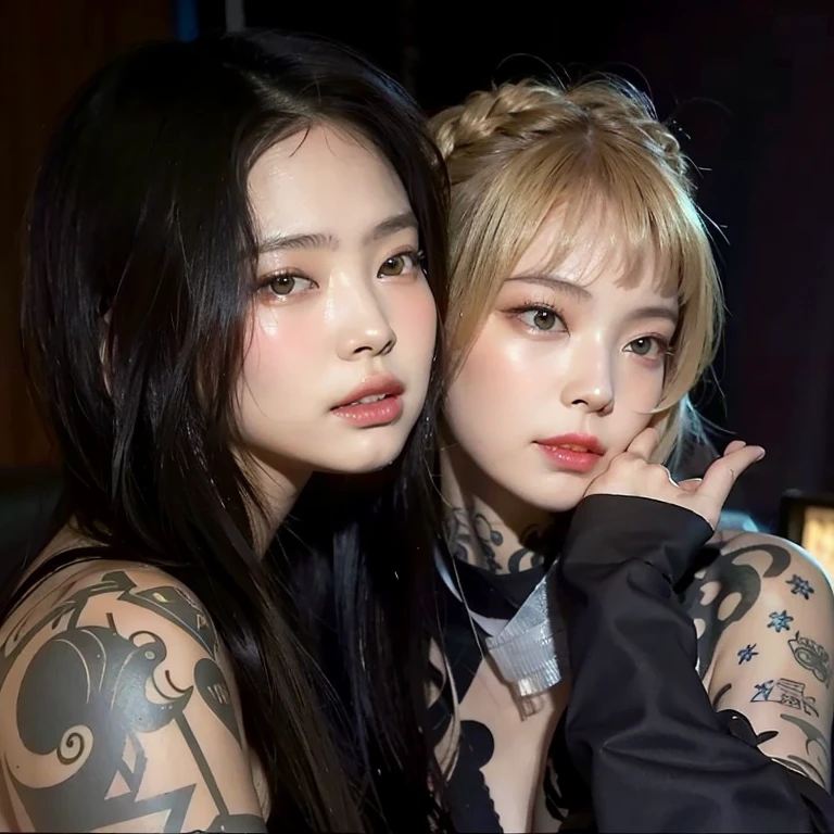 two asian women with tattoos posing for a picture together, kda and sam yang, loish and ross tran, nixeu and sakimichan, inspired by Wang Duo, ruan jia and artgerm, inspired by Yanjun Cheng, & jeehyung lee & wlop, artwork in the style of guweiz, yanjun chengt, e-girl