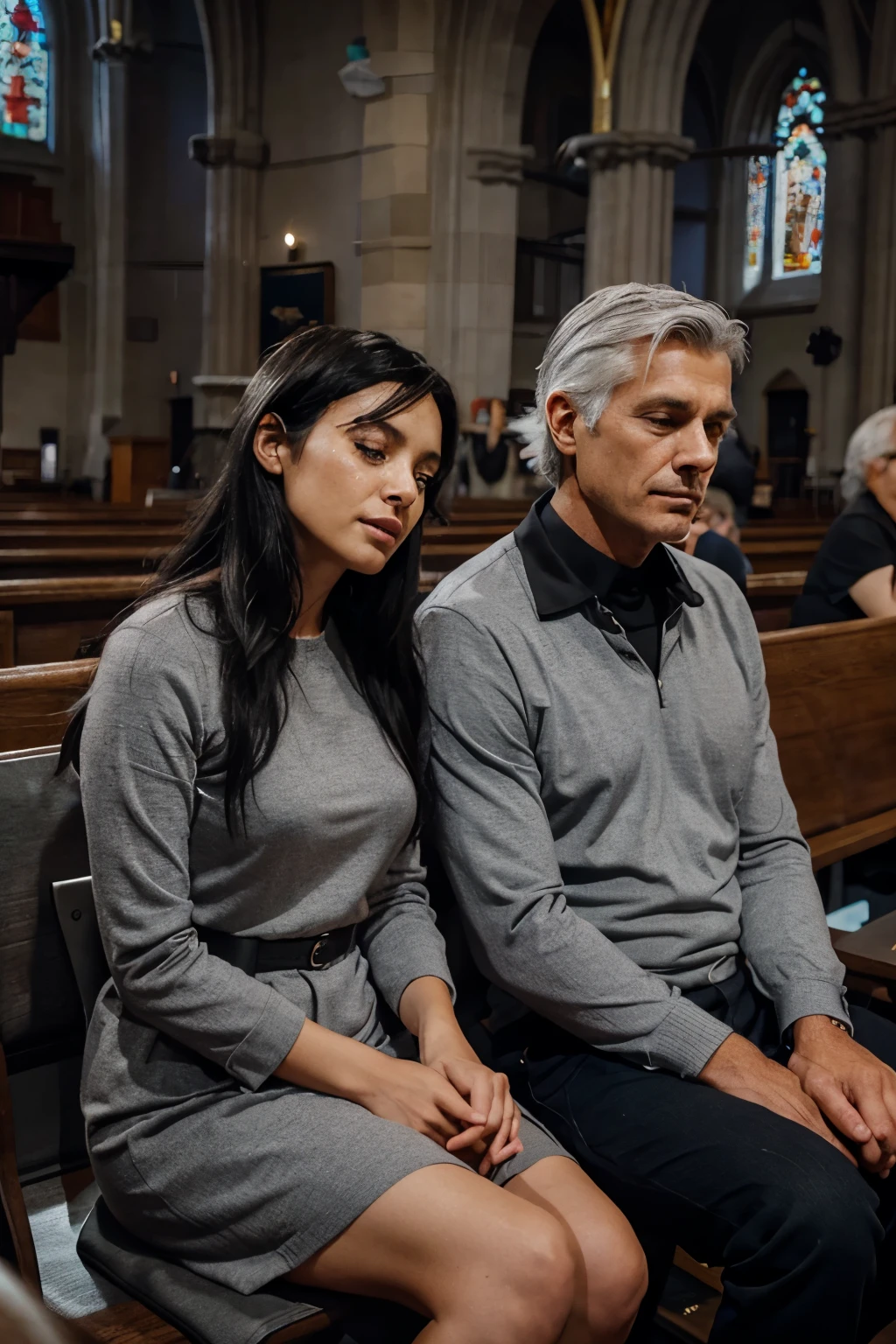 gray haired men sitting next to a black haired woman crying he is talking in a church