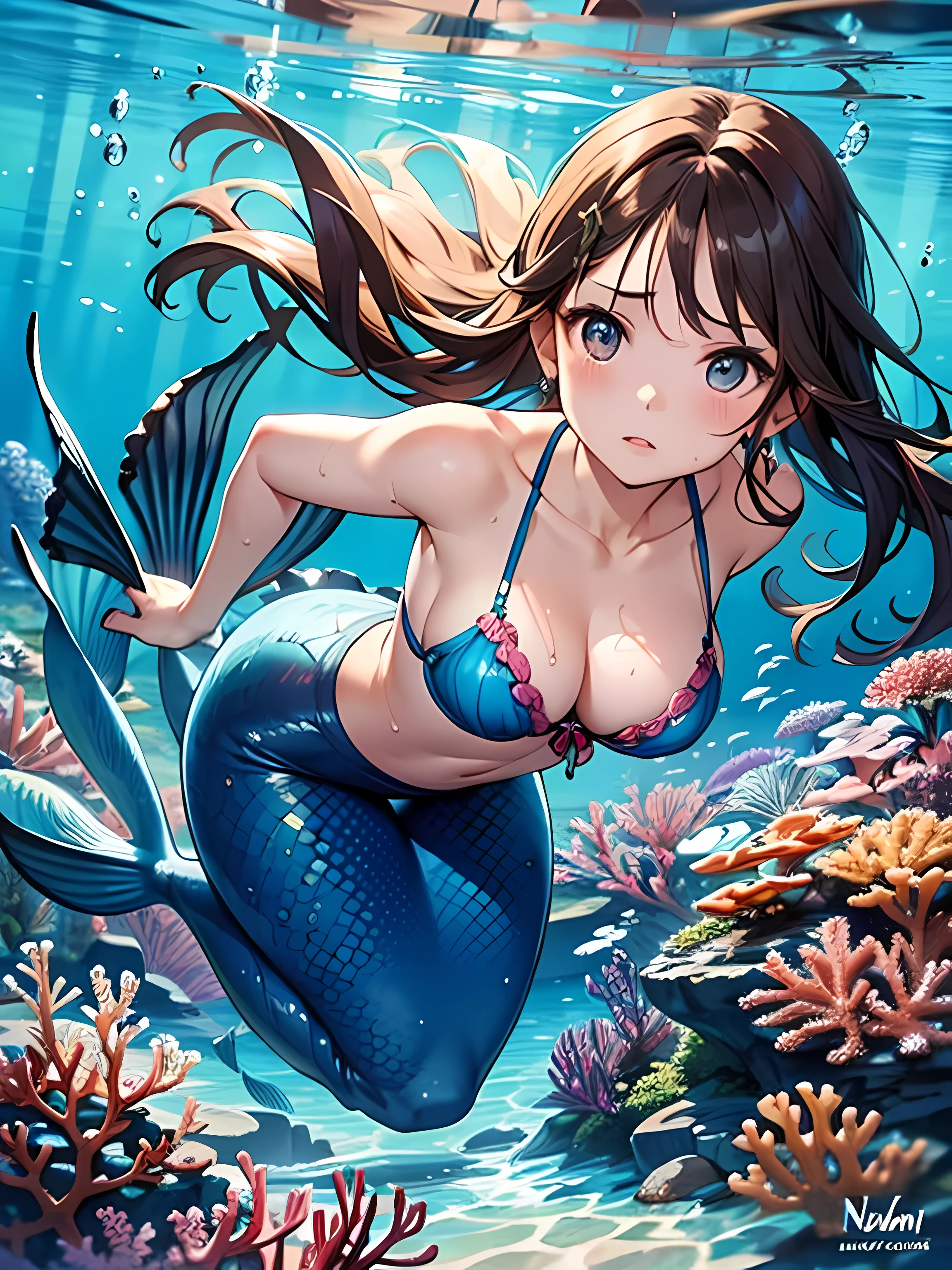 there is a mermaid swimming under the sea, south east asian with round face, with round face, 27 years old, nivanh chanthara, beautiful round face, (masterpiece), (cinematic), (brown long hair), (sad face), (sexy lips), ((exposed top breast)), (medium breast), (exposed cleveage), (chubby girl), ((exposed chest)), wearing blue bra with coral ornaments, mermaid legs, ocean, blue sky, she is wet, (mermaid), swimming, underwater, there are beautiful corals under the water