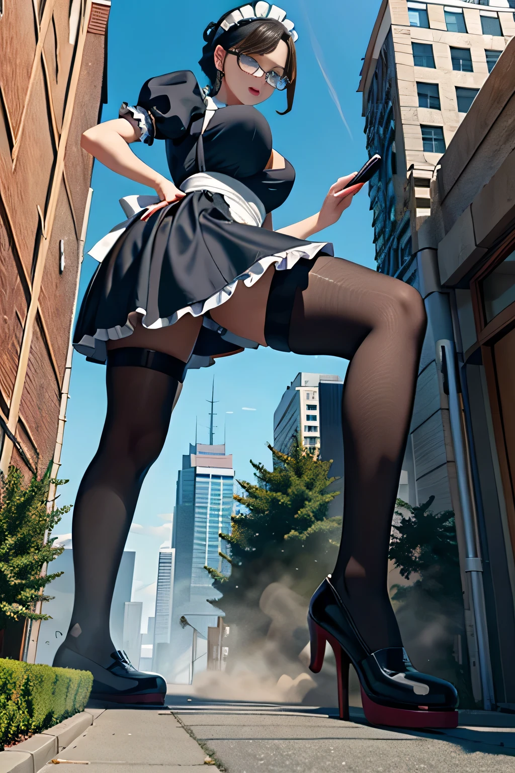 Giantの芸術, 非常に詳細なGiantショット, Giant, short hair, black pantyhose, A maid that is much bigger than a skyscraper, wearing rimless glasses, big breasts, big ass, navy maid uniform, black pantyhose, black shoes, very small metropolis, miniature metropolis, full body description, GTS, ギガGiant, Stomping City, crash city, Small town, micro city, maid,