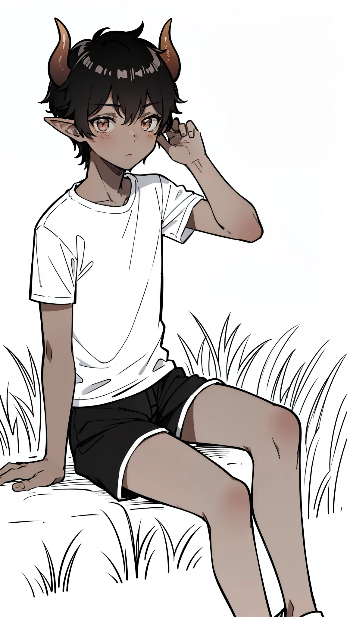 (1boy,10 years,solo,shy,blush),((dark skin)),((white shirt,short sleeves,black shorts)),Short hair,black hair,elf ears,(horns),(white background,line drawing),sitting on grass