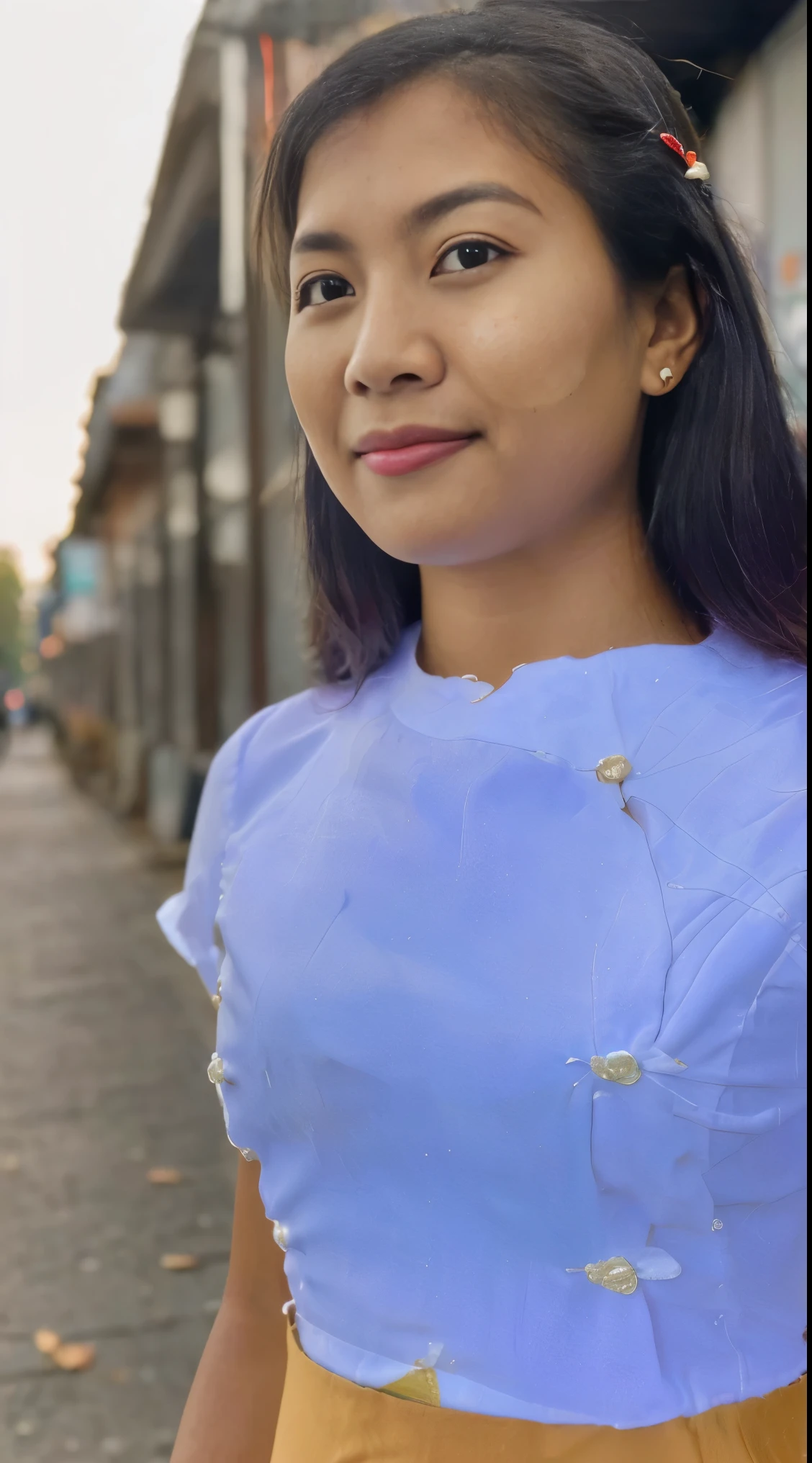 Photo of a Myanmar girl, yo, (portrait shot), (half body postrait:1.4), 32K, (Best quality,A high resolution:1.2), Ultra-detailed,(Realistic:1.37) RAW uhd portrait photo of super slimfit short bob hair, (wearing myanmar longyi skirt-like garment), (extra super hot sexy cleavage), detailed (textures!, hair!, shine, color!!, imperfections:1.1), highly detailed glossy eyes, (looking at the camera), specular lighting, original photo by Hasselblad X2D 100C,(extremely detailed CG unity 32k wallpaper), photo of the most beautiful artwork in the world, Hight school girl,street,High Detail, cold light 12000k\\street, detailed realistic, skin texture, super detailed, realistic skin texture ,Sharp focus, rewarded photography, Cinematic Light, dslr, ultra quality, sharp focus, tack sharp, dof, film grain, (centered), Fujifilm XT3, crystal clear, center of frame, cute face, sharp focus, detailed skin pores, intricate eye detail
