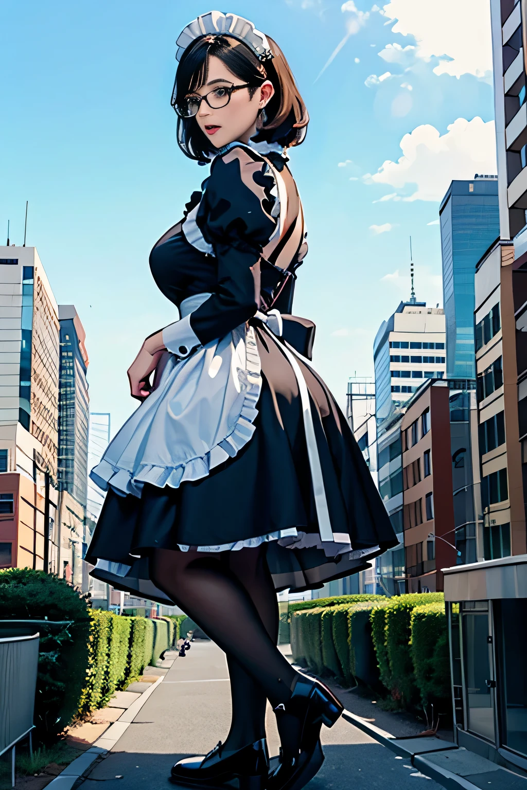 Giantの芸術, 非常に詳細なGiantショット, Giant, short hair, black pantyhose, A maid that is much bigger than a skyscraper, wearing rimless glasses, big breasts, big ass, navy maid uniform, black pantyhose, black shoes, very small metropolis, miniature metropolis, full body description, GTS, ギガGiant, Stomping City, crash city, Small town, micro city, maid,