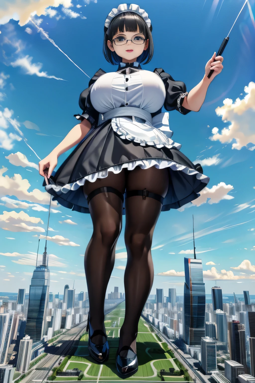 Giantの芸術, 非常に詳細なGiantショット, Giant, short hair, black pantyhose, A maid that is much bigger than a skyscraper, wearing rimless glasses, big breasts, big ass, navy maid uniform, black pantyhose, black shoes, very small metropolis, miniature metropolis, full body description, ＧＴＳ, ギガGiant, Stomping City, crash city, Small town, micro city, maid, 