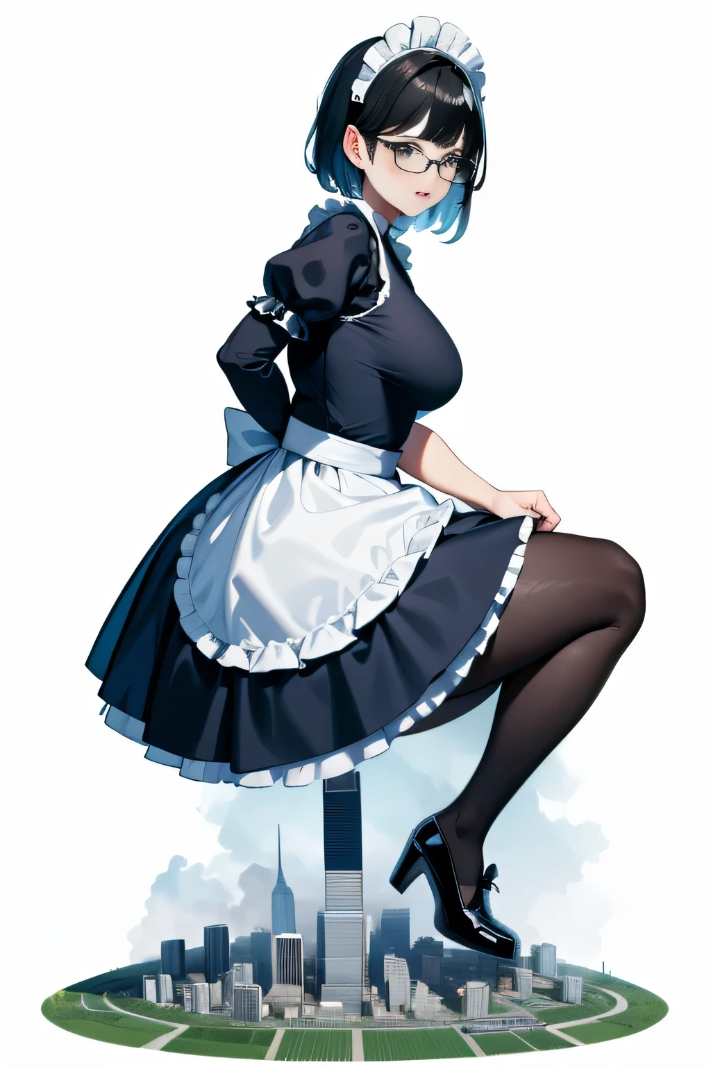 Giantの芸術, 非常に詳細なGiantショット, Giant, short hair, black pantyhose, A maid that is much bigger than a skyscraper, wearing rimless glasses, big breasts, big ass, navy maid uniform, black pantyhose, black shoes, very small metropolis, miniature metropolis, full body description, ＧＴＳ, ギガGiant, Stomping City, crash city, Small town, micro city, maid, 