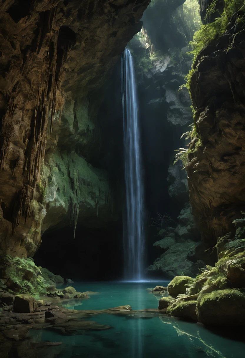 (best quality,4k,8k,highres,masterpiece:1.2),ultra-detailed,(realistic,photorealistic,photo-realistic:1.37)
an underground cave,dark,natural formations,crystal clear stalactites and stalagmites,glimmering icicles,whispering echoes,mysterious shadows,shimmering underground river,stunning limestone walls,soft moss-covered rocks,subterranean wonders,cascading waterfall,hidden chambers,enigmatic glyphs,faint glow from bioluminescent organisms,silent stillness,unexplored depths,cloaked in mystery,atmospheric,a sense of timelessness,otherworldly beauty,surreal ambience,elusive secrets,ancient history,adventure awaits,undiscovered treasures,labyrinthine tunnels,narrow passageways,serene atmosphere,peaceful solitude,depths of the earth,hidden oasis