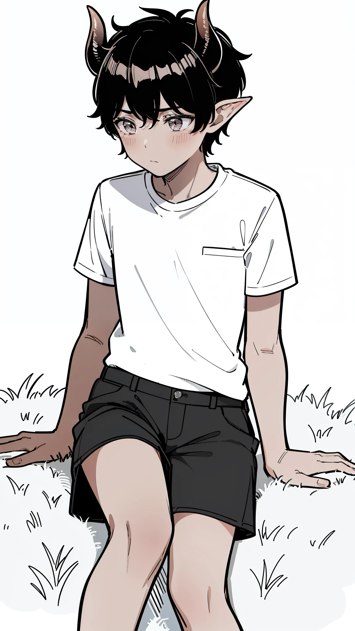 (1boy,,solo,shy),((blush)),((dark skin)),((white shirt,short sleeves,black shorts)),Short hair,black hair,elf ears,(horns),(white background,line drawing),sitting on grass,looking away