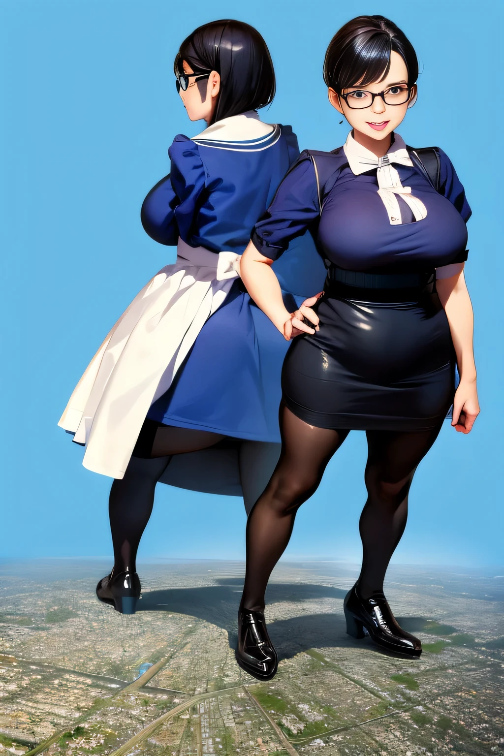 Giantの芸術, 非常に詳細なGiantショット, Giant, short hair, black pantyhose, A maid that is much bigger than a skyscraper, wearing rimless glasses, big breasts, big ass, navy maid uniform, black pantyhose, black shoes, very small metropolis, miniature metropolis, full body description, GTS, ギガGiant, Stomping City, crash city, Small town, micro city, maid,