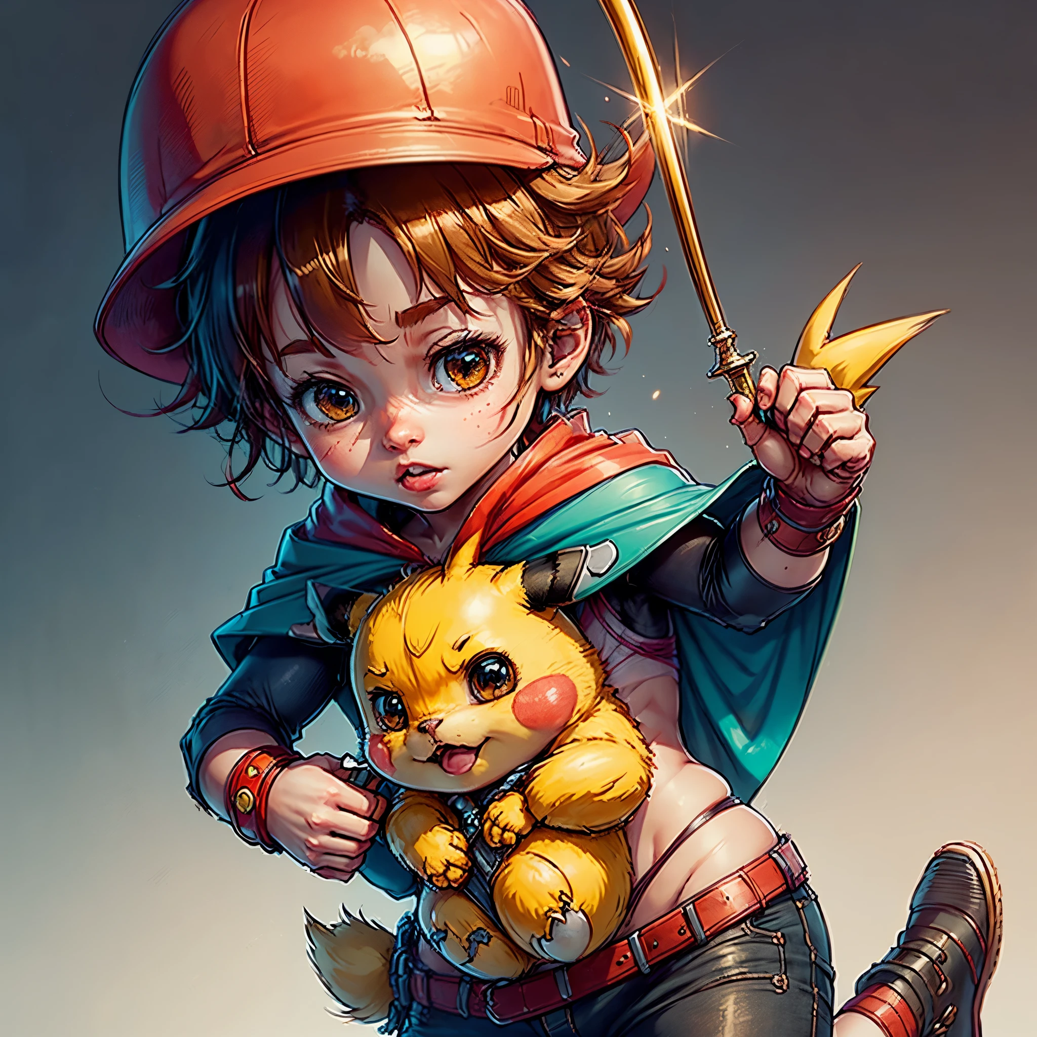Start with a basic sketch of Pikachu, with a Thor hammer in one hand and wearing a red cape with gold accents.
Add some Thor features such as a helmet with wings and boots with metal details to add a more authentic touch to the character.
To give Pikachu a fluffy touch, overdo the dimensions of his head and ears and add rosy cheeks.
Use vibrant, cheerful colors to bring your drawing to life, with shadows and highlights that create depth and texture.
Add a suitable background to the drawing, such as a scenario that shows Pikachu in action or a simple background that doesn't distract the character's attention.
To finish, add some clean and crisp lines that highlight the characteristics of the character and add a more "cartoon" touch to the drawing.