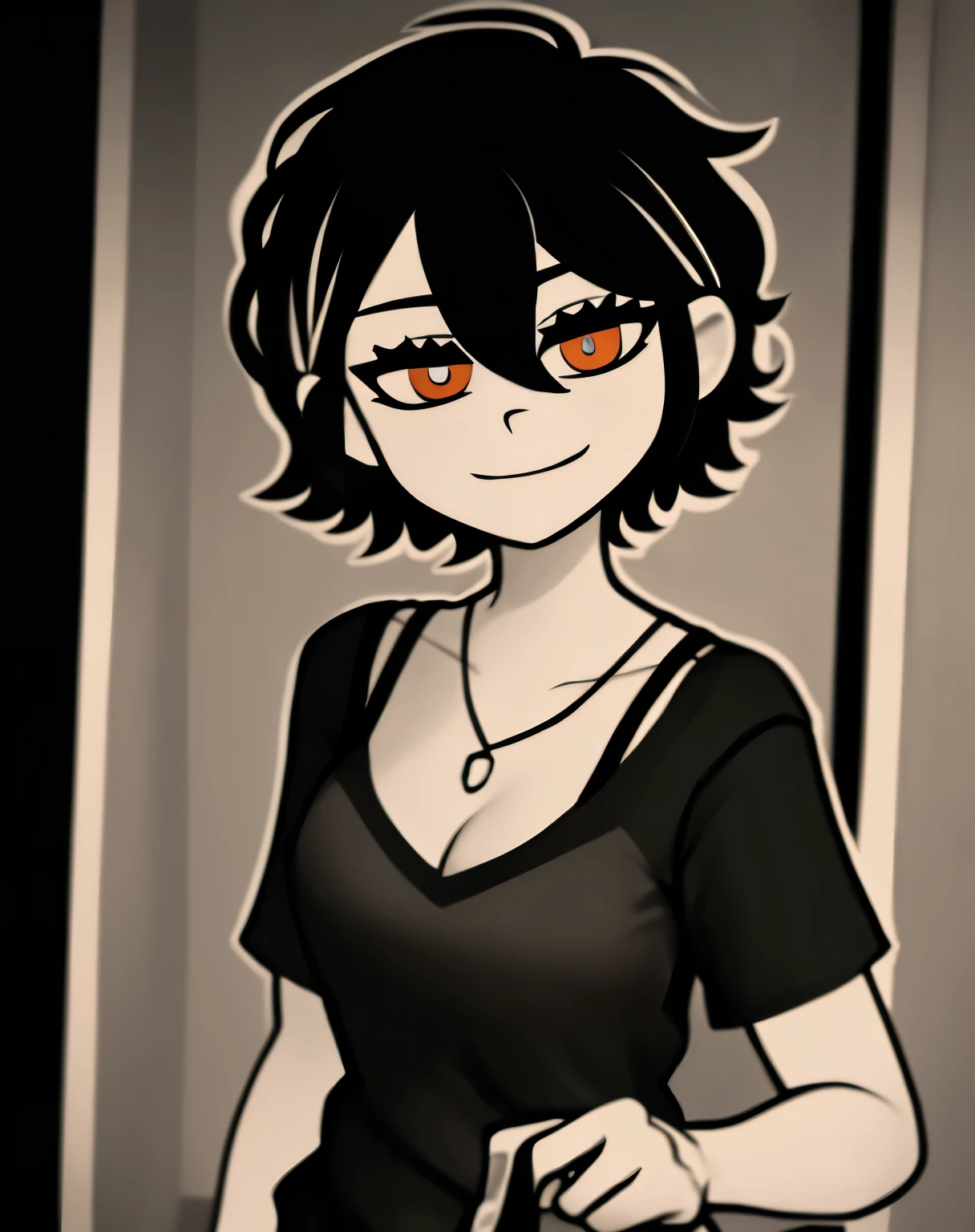 monochrome,tcoaal, solo, looking at viewer, short hair, shirt, 1girl, cleavage, small breast, hair between eyes, closed mouth, white hair, orange eyes, upper body, ahoge, short sleeves, female focus, bedroom background, messy hair, bright pupils, outline, white pupils, black streetwear shirt, laced bra, white outline, flirtatious smile