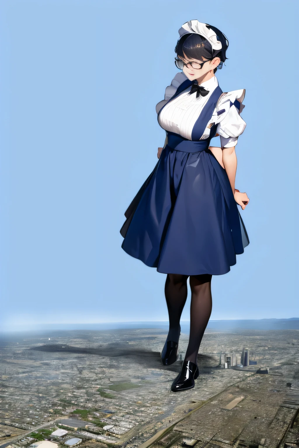Giantの芸術, 非常に詳細なGiantショット, Giant, short hair, black pantyhose, A maid that is much bigger than a skyscraper, wearing rimless glasses, big breasts, big ass, navy maid uniform, black pantyhose, black shoes, very small metropolis, miniature metropolis, full body description, GTS, ギガGiant, Stomping City, crash city, Small town, micro city, maid,