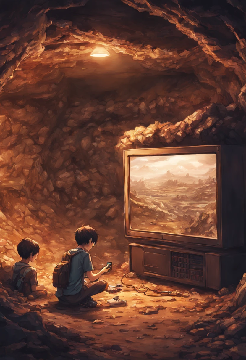 Detailed underground burrow made of earthy tones, manga kpop boy playing playstation, intricate features, immaculate surrounds and details, interesting colors, facing the television, intricate details, HDR, beautifully shot, hyperrealistic, sharp focus, megapixels, perfect composition, high contrast, cinematic, atmospheric, moody