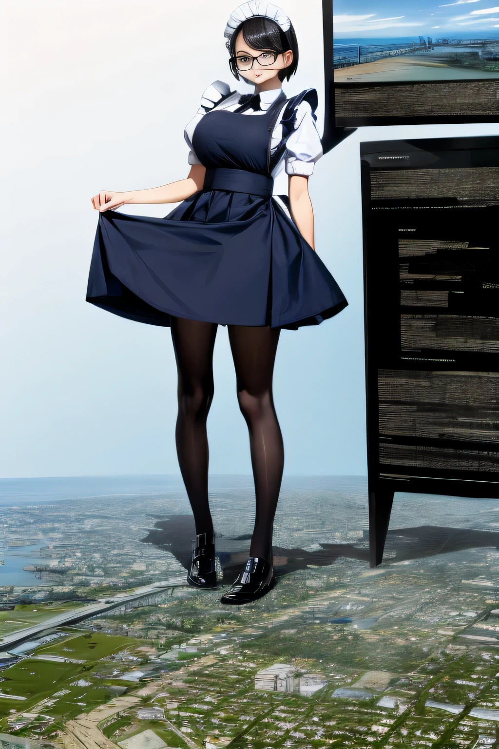 Giantの芸術, 非常に詳細なGiantショット, Giant, short hair, black pantyhose, A maid that is much bigger than a skyscraper, wearing rimless glasses, big breasts, big ass, navy maid uniform, black pantyhose, black shoes, very small metropolis, miniature metropolis, full body description, ＧＴＳ, ギガGiant, Stomping City, crash city, Small town, micro city, maid, 