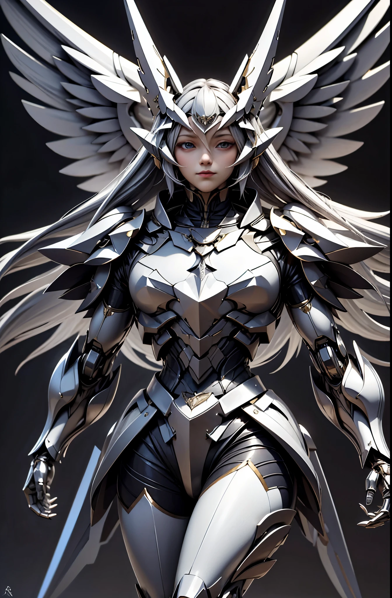 Arad image with wings and sword, from Ark Night, Winged armored horns, Ark Night, glossy white armor, archangel, Alexander Ferra White Mech, Raymond Swanland style, white armor, albedo of anime overlord, Gunnier, detailed white armor, mech wings