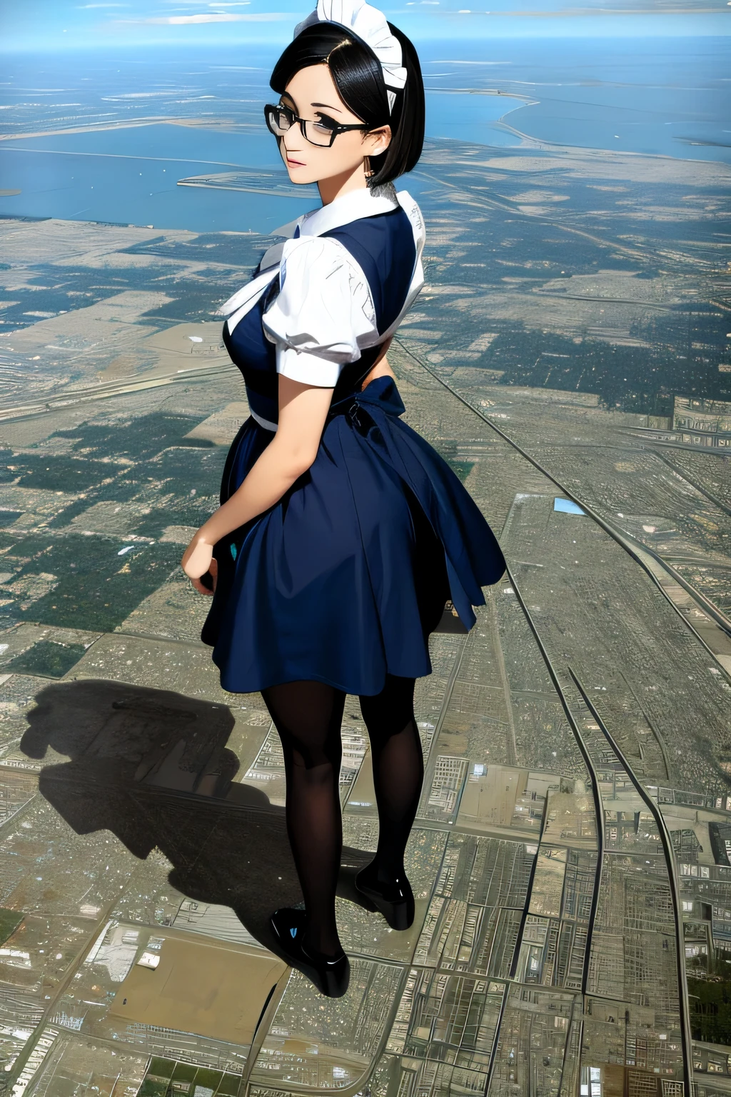 Giantの芸術, 非常に詳細なGiantショット, Giant, short hair, black pantyhose, A maid that is much bigger than a skyscraper, wearing rimless glasses, big breasts, big ass, navy maid uniform, black pantyhose, black shoes, very small metropolis, miniature metropolis, full body description, GTS, ギガGiant, Stomping City, crash city, Small town, micro city, maid,