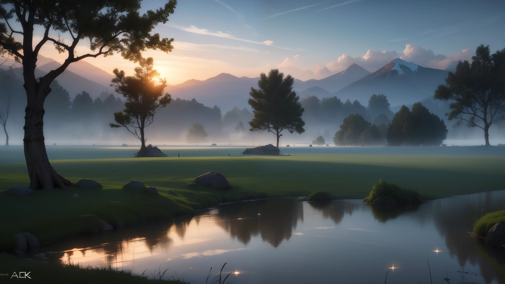 (best quality,4k,8k,highres,masterpiece:1.2),ultra-detailed,(realistic,photorealistic,photo-realistic:1.37),foggy sky,soft misty clouds,ethereal atmosphere,mysterious,hazy morning,serene,dreamlike,diffused sunlight,distant mountains,subtle pastel colors,gentle breeze,calm,damp ground,quiet,pensive mood,lonely tree silhouette,silence,pure tranquility,peaceful,reflective water surface,stillness,vivid colors,bokeh