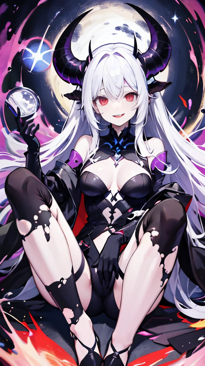 pale skin，dark风，wearing leg rings，long white hair，black eye shadow，red eyes，Abstinence，dark，goat horn，sickle，grim Reaper，sitting，succubus，Open the legs，Smile，Sticking out tongue，Battle damage，Broken clothes，camel toe
，puppy