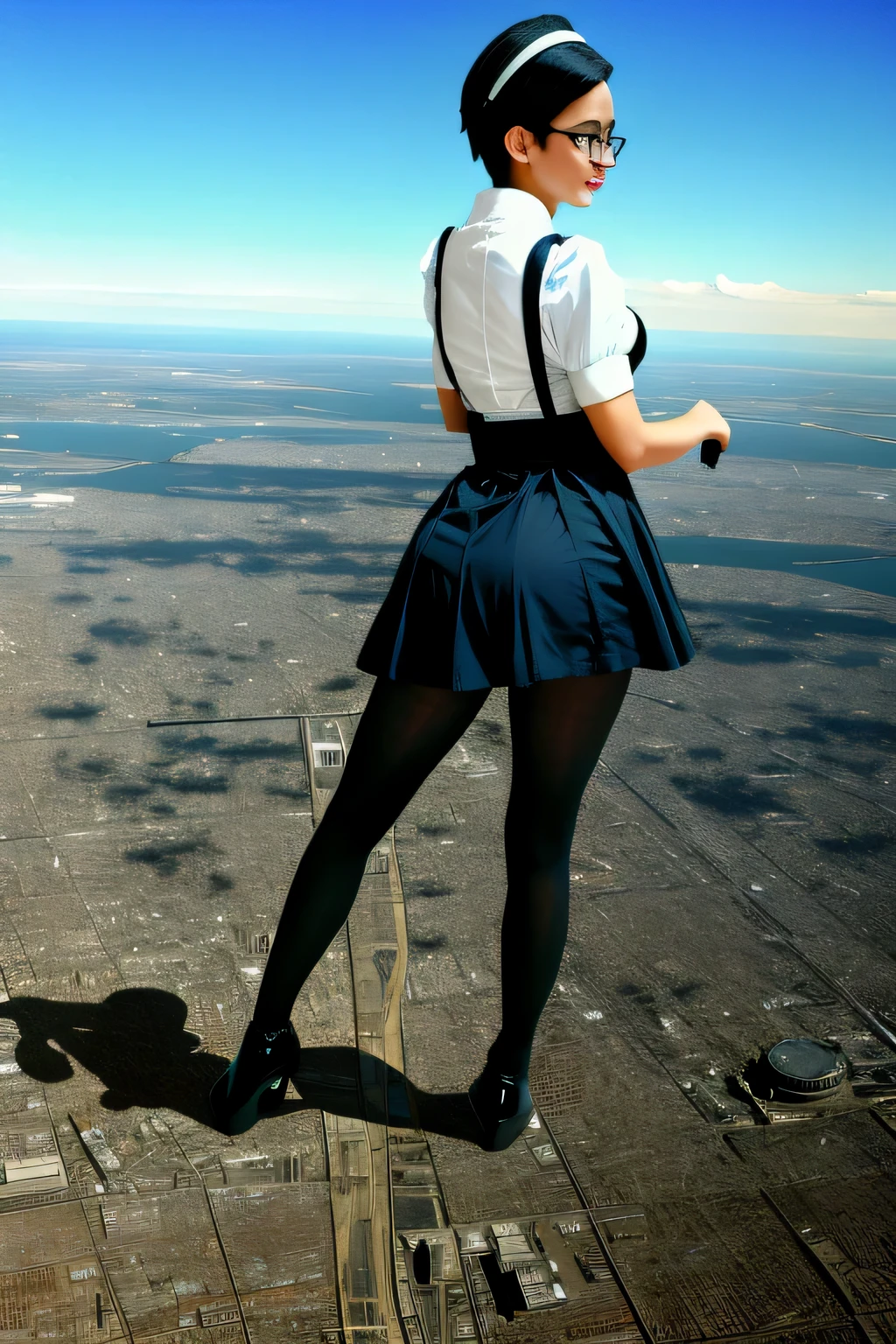 Giantの芸術, 非常に詳細なGiantショット, Giant, short hair, black pantyhose, A maid that is much bigger than a skyscraper, wearing rimless glasses, big breasts, big ass, navy maid uniform, black pantyhose, black shoes, very small metropolis, miniature metropolis, full body description, ＧＴＳ, ギガGiant, Stomping City, crash city, Small town, micro city, maid, 