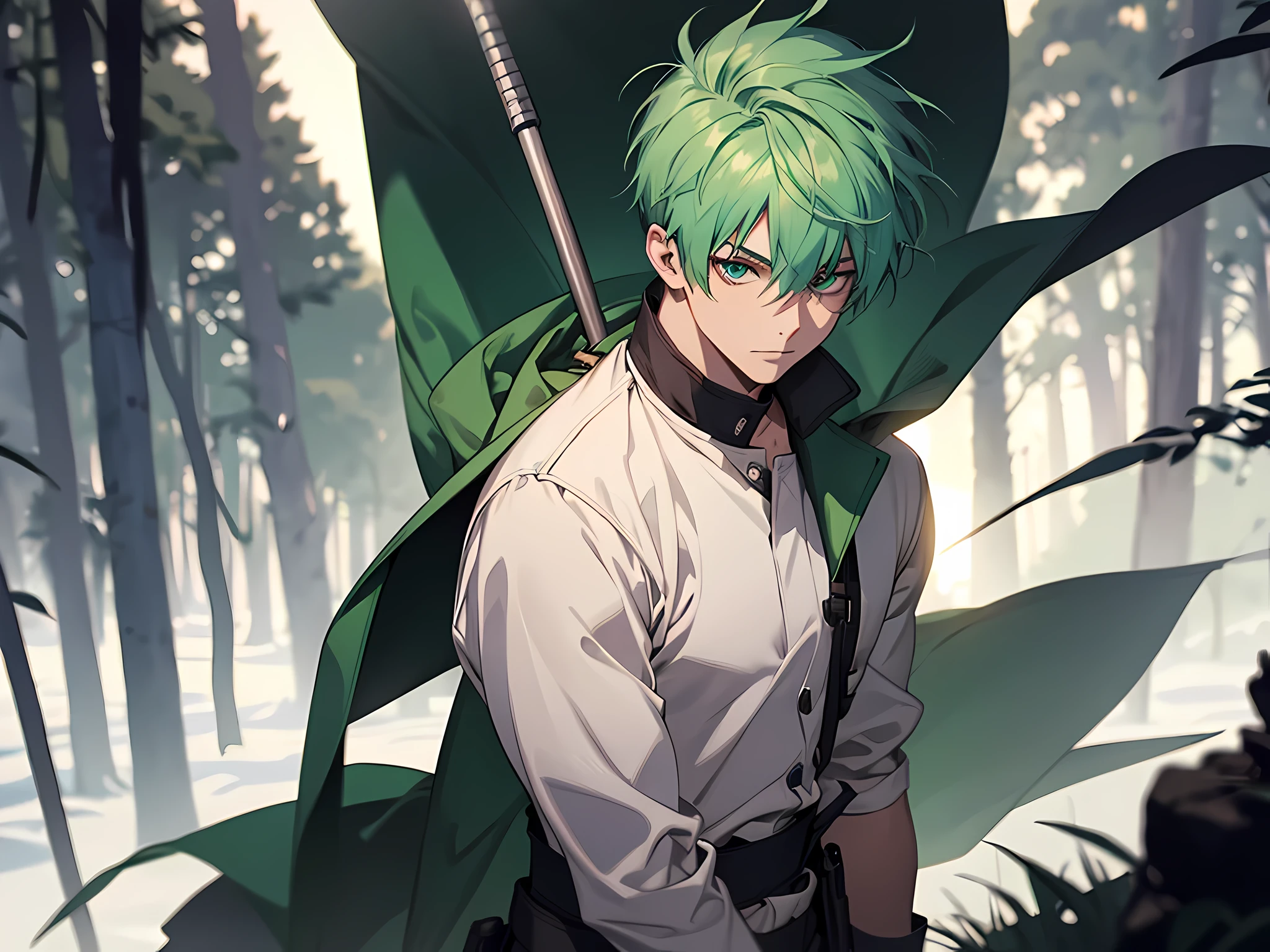 1 man, wearing white shirt, green hair, short hair, holding a spear, face to detail, detailed eyes, the background is in forest, half-body illustration