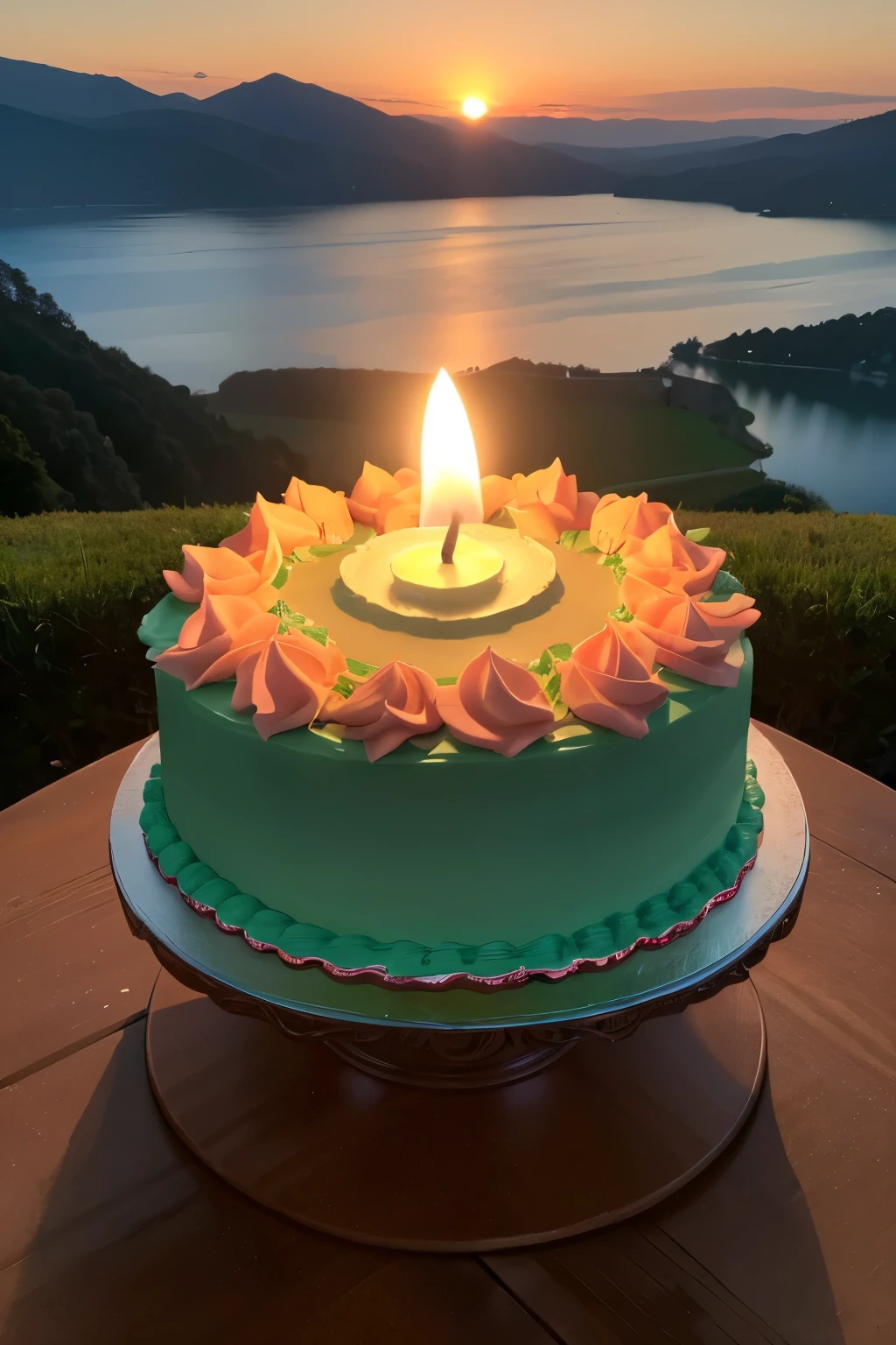 (8K, top-quality, masterpiece: 1.2)
(reallistic, Photorealistic: 1.2)
A scrumptious thirty-two year old chocolate birthday cake is placed in the foreground, having a single candle elegantly standing tall at the center. In the background, a breathtaking landscape unfolds - a serene lake nestled between rolling green hills, with the sun setting in the distance, casting an orange and pink glow over the scene. The details on the cake, from the intricate icing decorations to the flickering candle flame, are incredibly realistic and lifelike, making for a stunning, full-length, high-definition 8