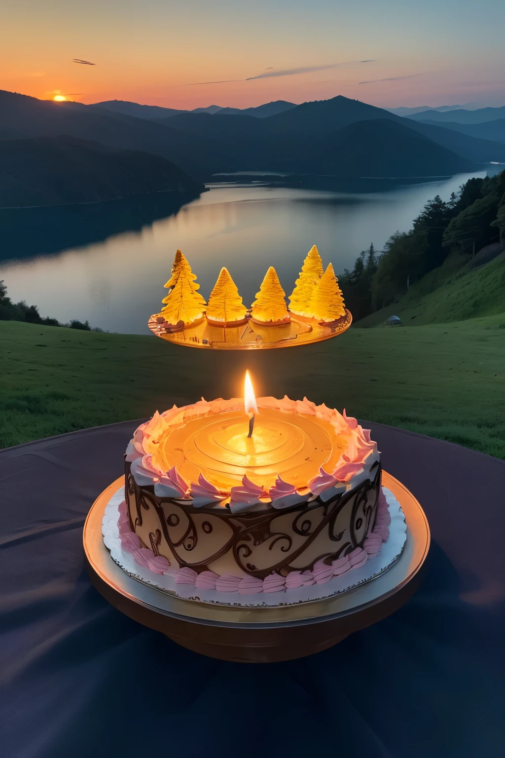 (8K, top-quality, masterpiece: 1.2)
(reallistic, Photorealistic: 1.2)

A scrumptious thirty-two year old chocolate birthday cake is placed in the foreground, having a single candle elegantly standing tall at the center. In the background, a breathtaking landscape unfolds - a serene lake nestled between rolling green hills, with the sun setting in the distance, casting an orange and pink glow over the scene. The details on the cake, from the intricate icing decorations to the flickering candle flame, are incredibly realistic and lifelike, making for a stunning, full-length, high-definition 8