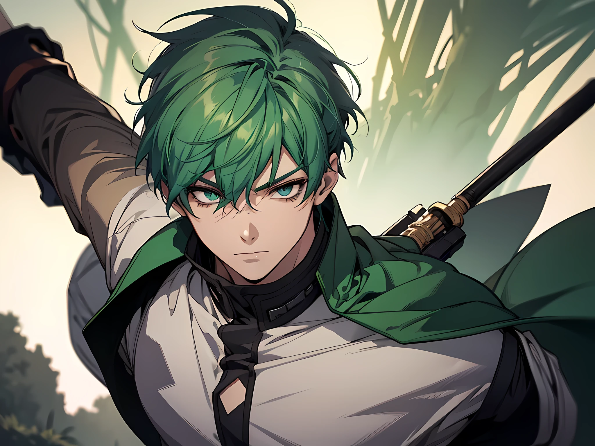 1 man, wearing white shirt, green hair, short hair, holding a spear, face to detail, detailed eyes, the background is in forest, half-body illustration