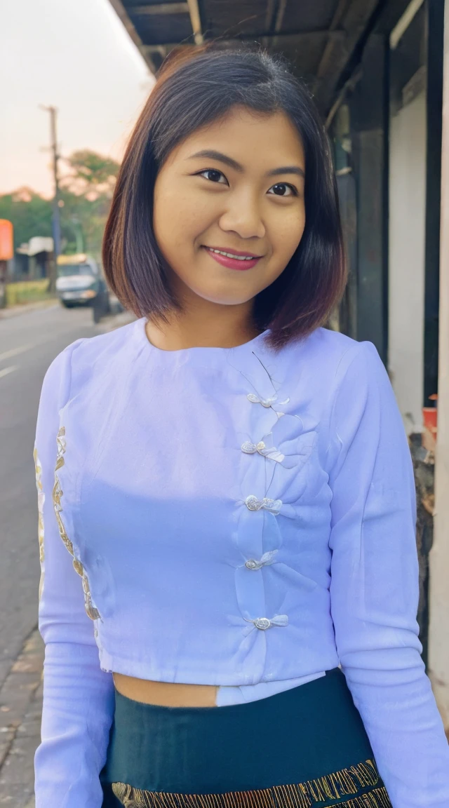 Photo of a Myanmar girl,16 yo,( portrait shot,1.1), (half body postrait:1.4), 32K, (Best quality,A high resolution:1.2), Ultra-detailed,(Realistic:1.37) RAW uhd portrait photo of super slimfit short bob haircut, (wearing myanmar longyi skirt-like garment), (extra super hot sexy cleavage), detailed (textures!, hair!, shine, color!!, imperfections:1.1), highly detailed glossy eyes, (looking at the camera), high school girl,street,specular lighting, original photo by Hasselblad X2D 100C,beauty portrait photo,(extremely detailed CG unity 32k wallpaper), photo of the most beautiful artwork in the world, High Detail, cold light 12000k\\street, detailed realistic, skin texture, super detailed, realistic skin texture ,Sharp focus, rewarded photography,street,Cinematic Light, dslr, ultra quality, sharp focus, tack sharp, dof, film grain, (centered), Fujifilm XT3, crystal clear, center of frame, cute face, sharp focus, detailed skin pores, intricate eye detail