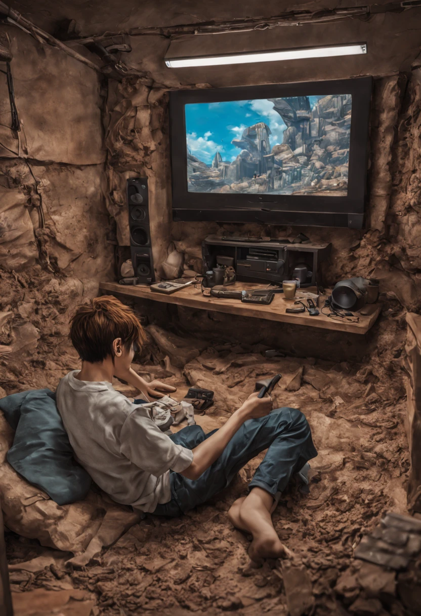 Detailed underground burrow made of earthy tones, manga kpop boy playing playstation, intricate features, immaculate surrounds and details, interesting colors, facing the television, intricate details, HDR, beautifully shot, hyperrealistic, sharp focus, megapixels, perfect composition, high contrast, cinematic, atmospheric, moody