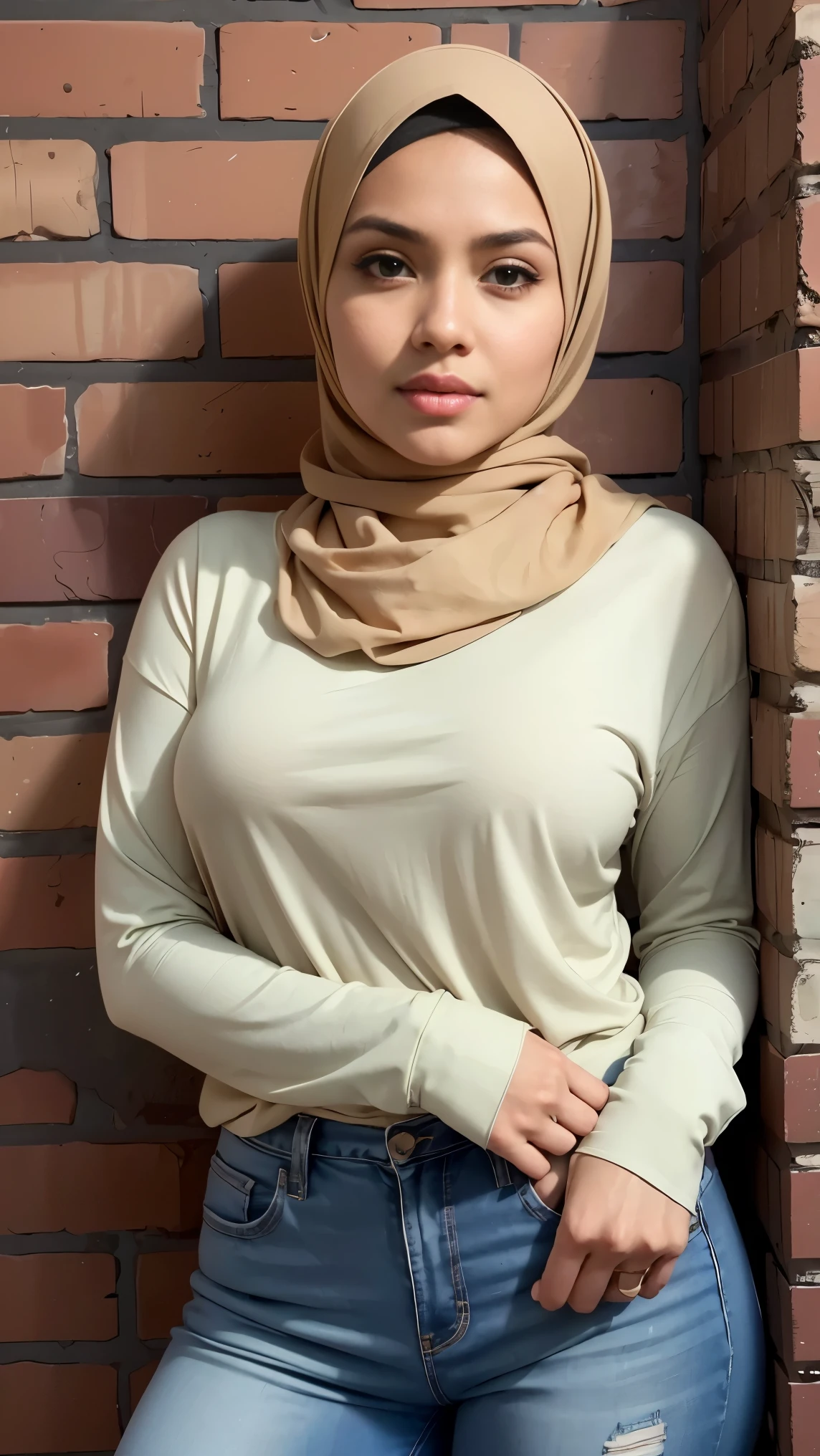 RAW, (Best quality, high resolution, work: 1.3), Beautiful Malay woman in hijab, fit body, Big breasts, Beautiful big eyes, Soft smile, beautiful face, slightly open mouth, thick thighs, beautiful girl, beautiful bustock, detailed face,woman standing in front of a brick wall, wearing a light green, beige shirt, hijab, smooth in _ the background, 🤤 girl portrait, instagram picture, casual pose, outfit photo, 😭 🤮 💕 🎀 . perfect lighting