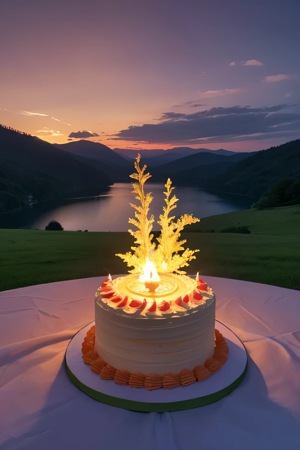(8K, top-quality, masterpiece: 1.2)
(reallistic, Photorealistic: 1.2)
A scrumptious thirty-two year old chocolate birthday cake is placed in the foreground, having a single candle elegantly standing tall at the center. In the background, a breathtaking landscape unfolds - a serene lake nestled between rolling green hills, with the sun setting in the distance, casting an orange and pink glow over the scene. The details on the cake, from the intricate icing decorations to the flickering candle flame, are incredibly realistic and lifelike, making for a stunning, full-length, high-definition 8