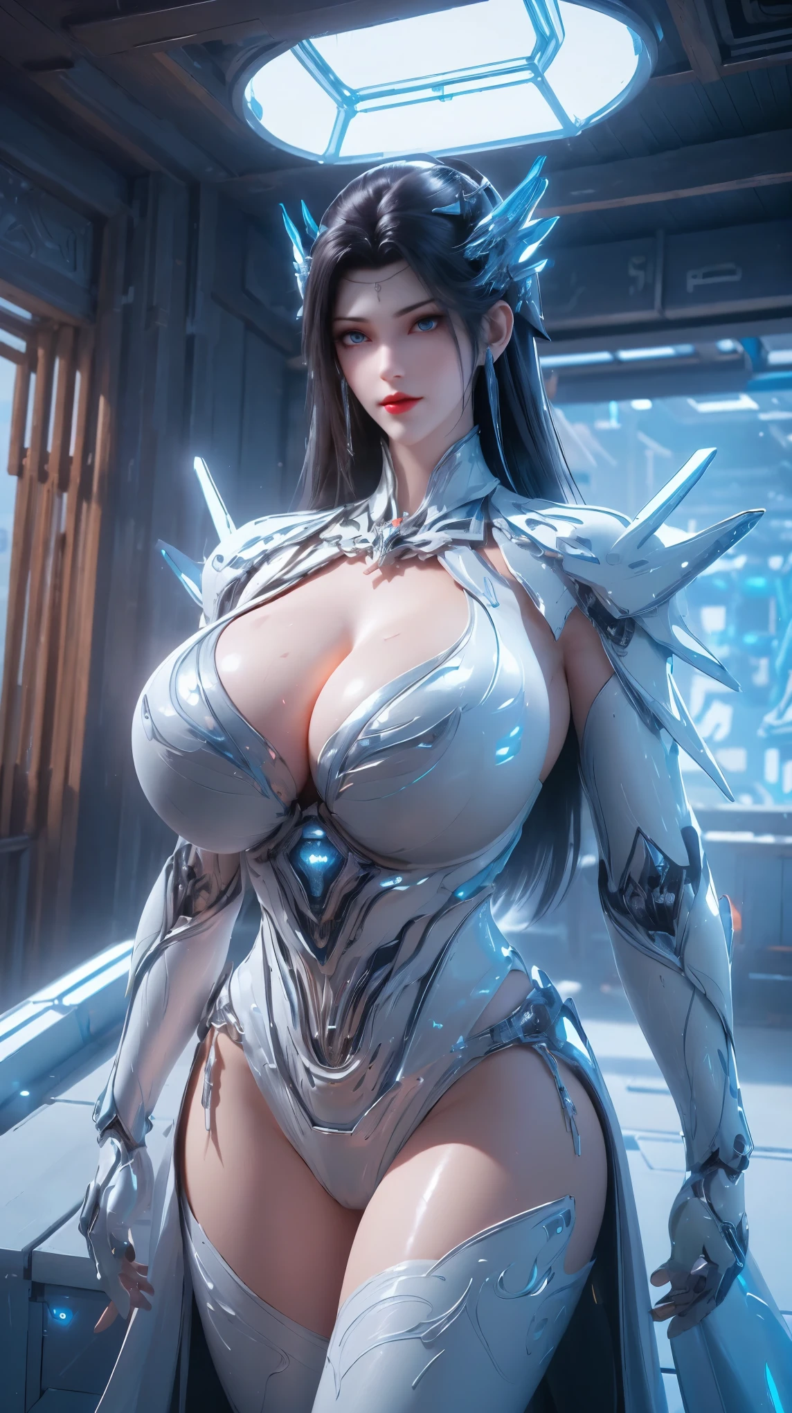 UPPER BODY,CLOSE UP HALF BODY,SOLO,(BEAUTY BLACK HAIRSTYLE,MECHA PHOENIX HELMET), (GIGANTIC DW FAKE BREASTS,CLEAVAGE,MUSCLE ABS:1.5), ((WEAR BLUE,WHITE MODERN FUTURISTIC MECHA SKINTIGHT BIKINI:1.5)),(NSFW MUSCULAR BODY MATURE WOMAN:1.5), (SWEATY GLOSSY BODY:1.5), (LOOKING AT VIEWER:1.3),(HALLROOM OF FUTURISTIC SPACE STATION:1), (PHOTOREALSITIC:1.4), (ULTRA-DETAILLIERT), (TOP-QUALITY), (BEST SHADOWS), (​MASTERPIECE), BRIGHT LIGHT IN ROOM, HYPER TEXTURE, (4X MSAA), ((UNREAL ENGINE 5 RENDER)), PHYSICALLY-BASED RENDERING, ULTRA HIGHT DEFINITION, 16K, 1080P.