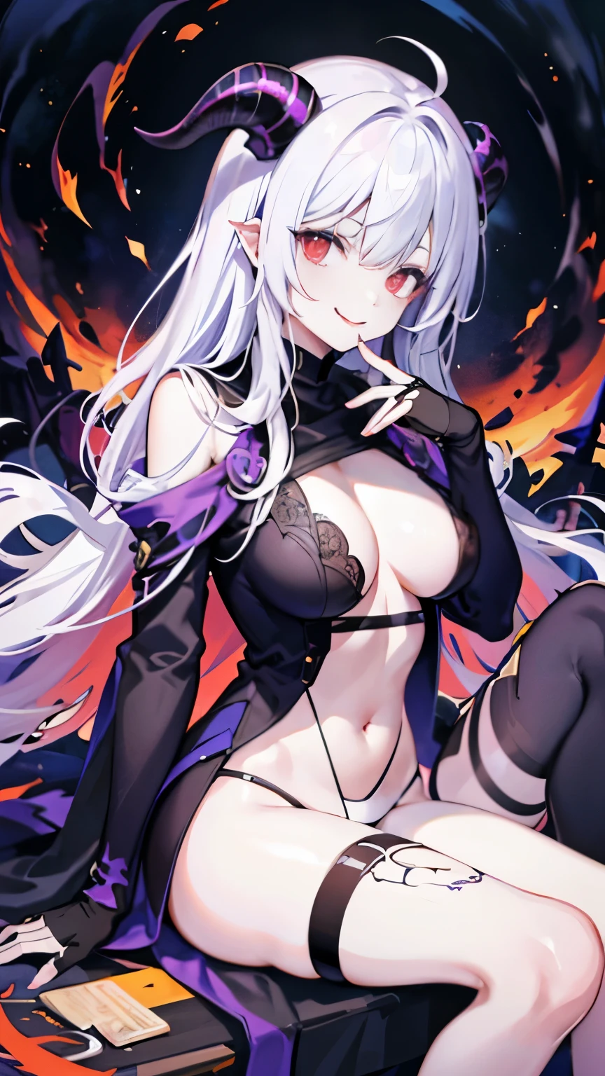 pale skin,dark风,wearing leg rings,long white hair,black eye shadow,red eyes,Abstinence,dark,goat horn,sickle,grim Reaper,sitting,succubus,Open the legs,Smile,Sticking out tongue,Battle damage,Broken clothes,camel toe
,puppy