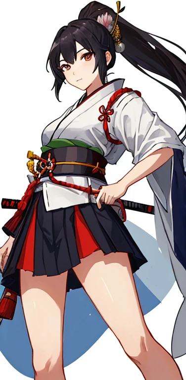 A female samurai wearing a short skirt, view from below her legs
