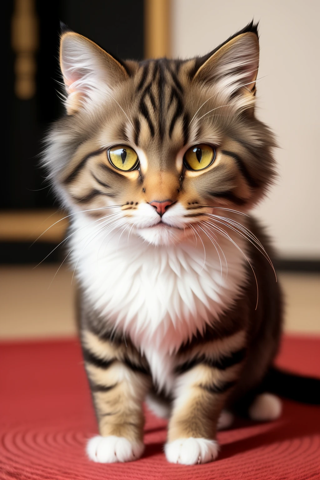 A lifelike cat sculpture, (fur texture:1.4), (realistic details:1.3), meticulously crafted, hdr, (hyper-realistic:1.2), cinematic close-up, captivating, centered on a mat, masterpiece, intricately detailed, life-sized, breathtaking, exemplifying the feline's essence.