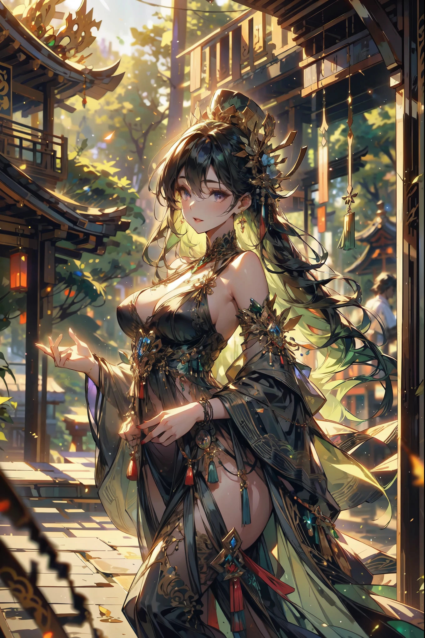 girl ,full body ,lewd,sexy, detached sleeves, bare shoulders,big , green hair, long hair, best quality, (hair ornament:1.35), jewelry, purple eyes, earrings, breasts, blue flowers, lantern light, depth of field, detailed face, face focus, (looking at viewer:1.25), nontraditional miko, shiny skin, long sleeves, smile, thick lips, game cg, hands on lips, east asian architecture, (blurry background:1.2), posing, full body, sexy pose