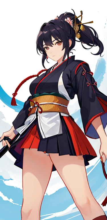 A female samurai wearing a short skirt, view from below her legs, showing her underwear!