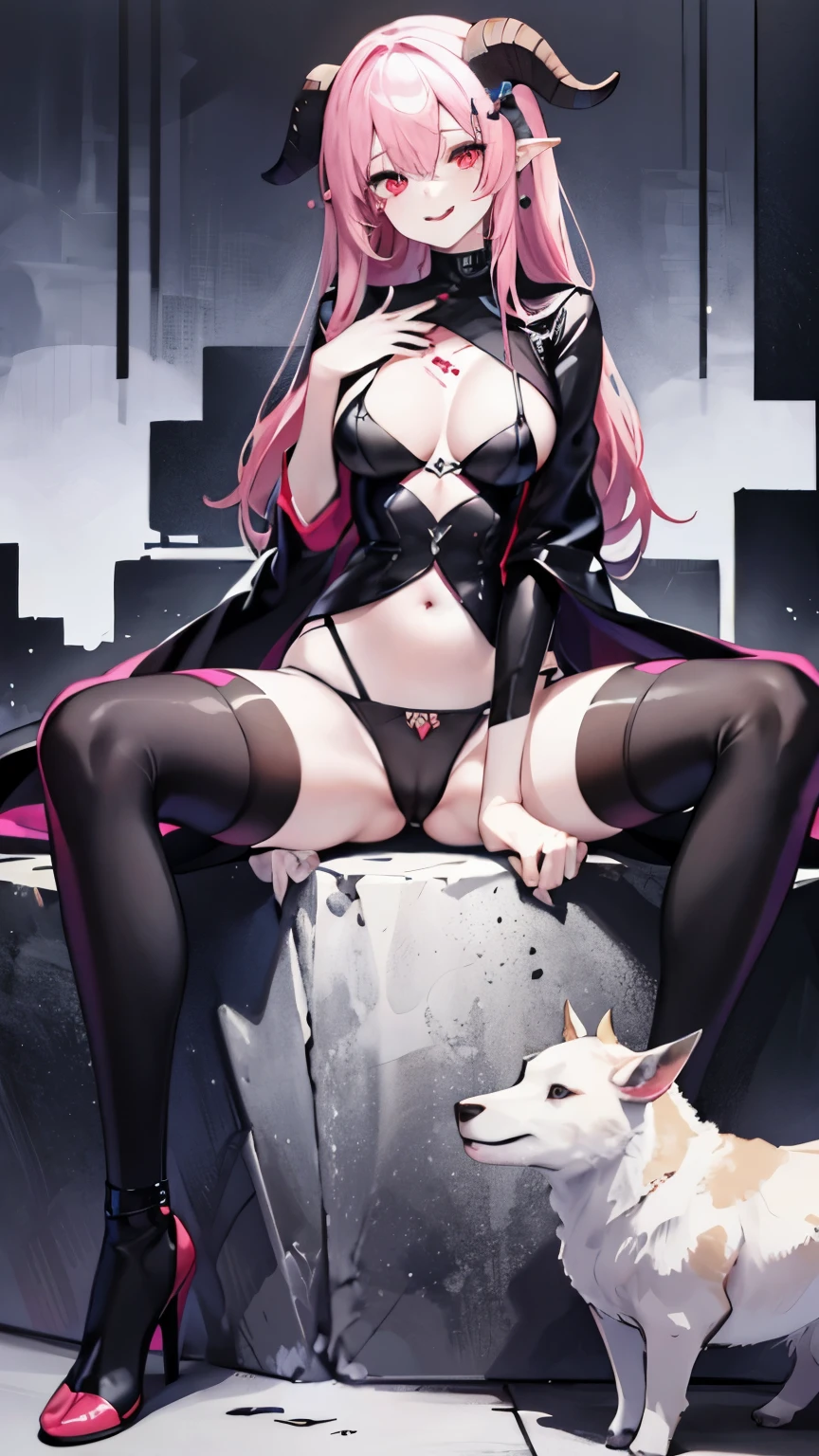 pale skin,dark风,wearing leg rings,long pink hair,black eye shadow,red eyes,Abstinence,dark,goat horn,sickle,grim Reaper,sitting,succubus,Open the legs,Smile,Sticking out tongue,Battle damage,Broken clothes,camel toe
,puppy