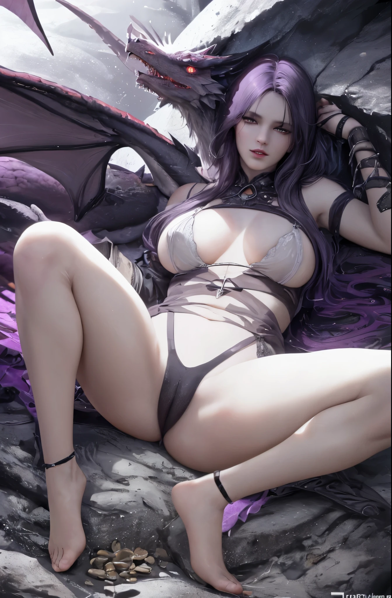 (best quality,4k,8k,highres,masterpiece:1.2),ultra-detailed,(realistic,photorealistic,photo-realistic:1.37),purple dragon asleep,cat eyes:1.1,sharp teeth:1.1,spiked back,8 legs,treasures on the floor,cavern lair,deep purple hue,treasure-filled scene,ominous darkness,glowing eyes,dimly lit,mysterious atmosphere
