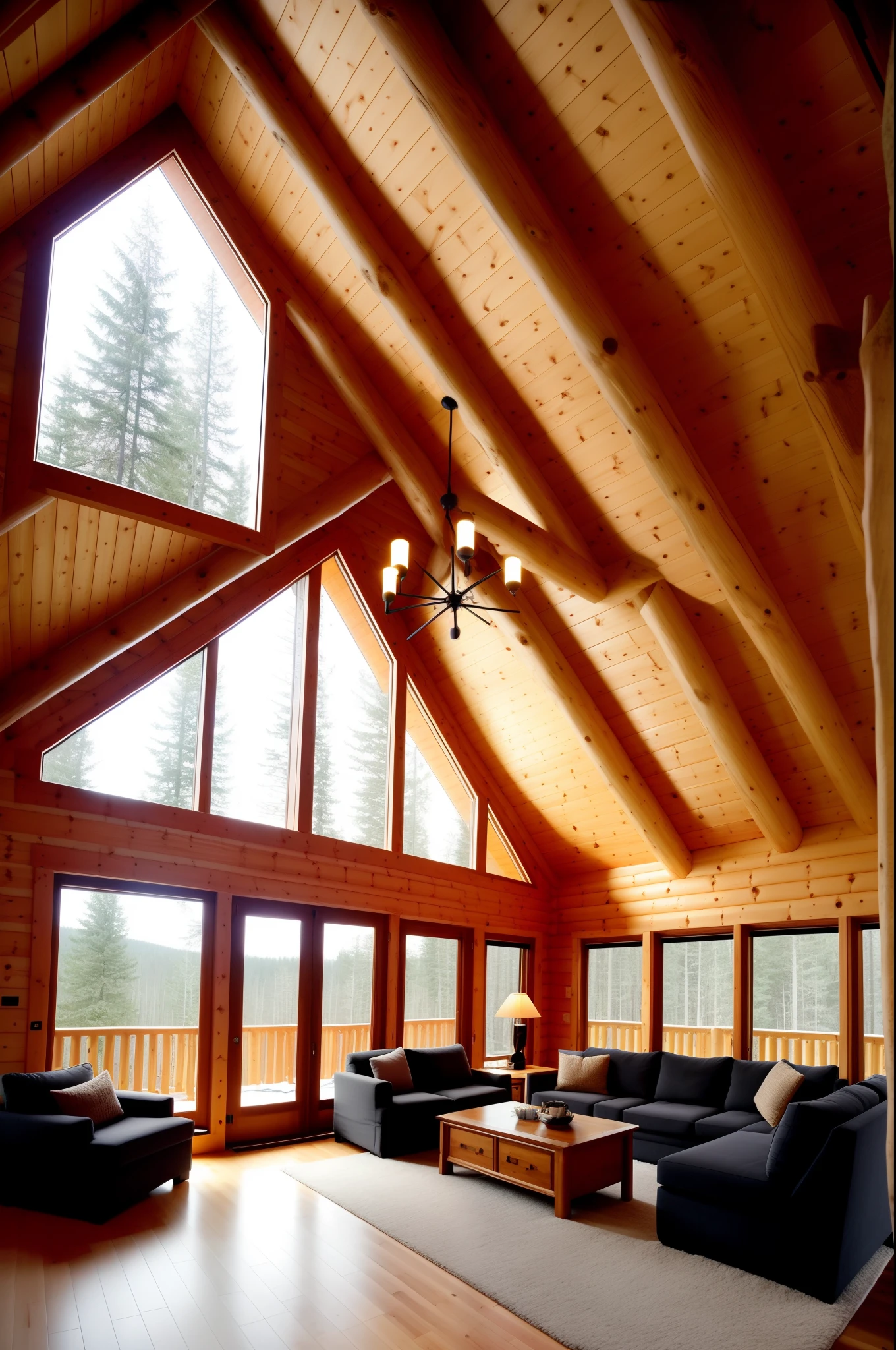 A double-height ceiling living room with a large, floor-to-ceiling window on one side log cabin. Outside is a dark snow-covered landscape. The living area is furnished with plush, contemporary sofas and chairs in neutral tones, grouped around a low, central coffee table. The room's color palette is composed of dark brown and warm tones, with the soft lighting from various lamps adding a cozy ambiance