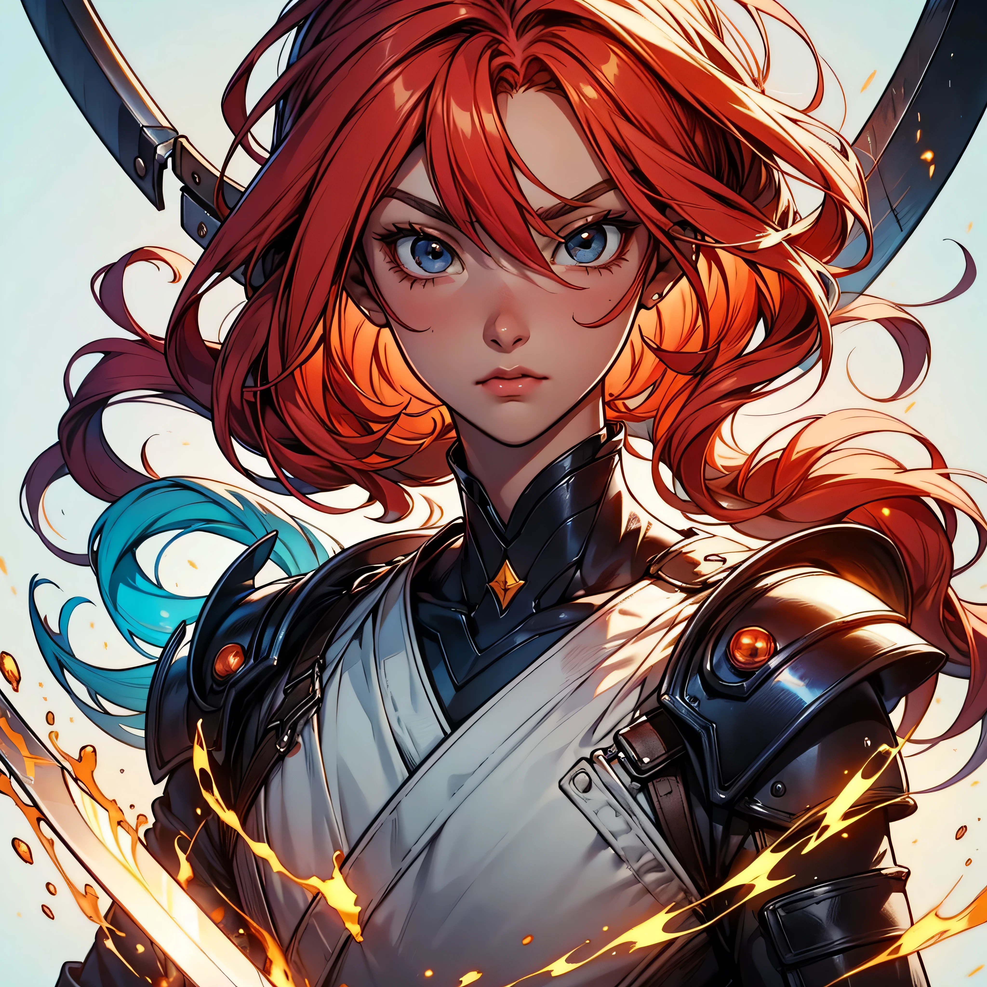 personnage ((mâle)) , Cheveux orange style Ichigo Bleach , Un (( samouraï)) , yeux noirs , (( mignon )) , Only Un personnage , (( Focus on a personnage )) , Pose de combat d&#39;anime numérique, puissant , Bel homme , épée,mur géométrique multidimensionnel PORTRAIT, jusqu&#39;à, Chibi, yang08k, Beau, Coloration, Travaux primaires, meilleure qualité, meilleure qualité, Art officiel, beau et esthétique, varié multi etc. --v 6 --s 1000 --c 20 --q 20 --chaos 100