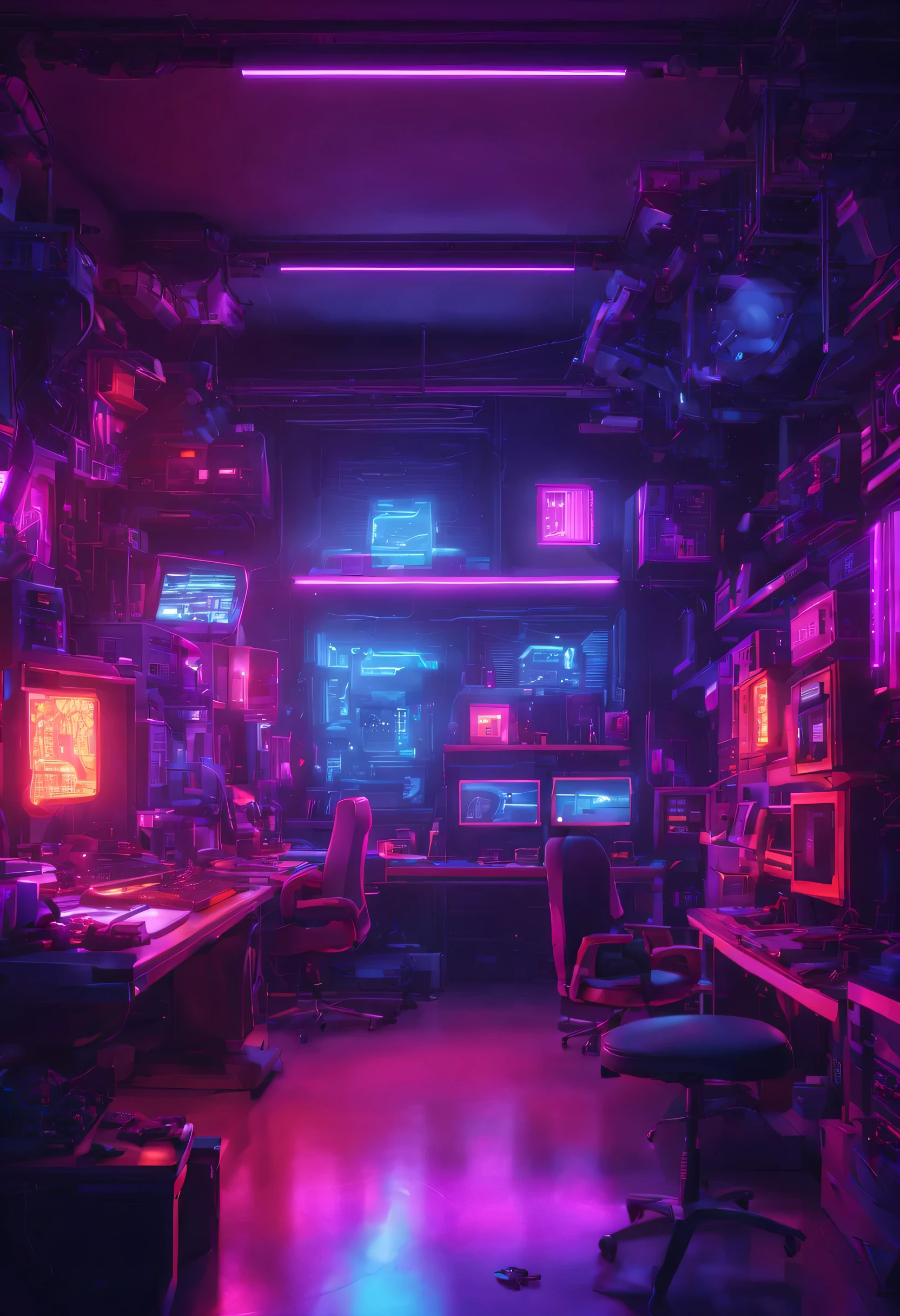 Cyberpunk style cluttered room. More neon. Many machines of unknown use. Large windows with a sense of openness. cyberpunk lab, 8k, blue purple orange pink neon lights, high detailed, lab equipment of cyberpunk alien technology